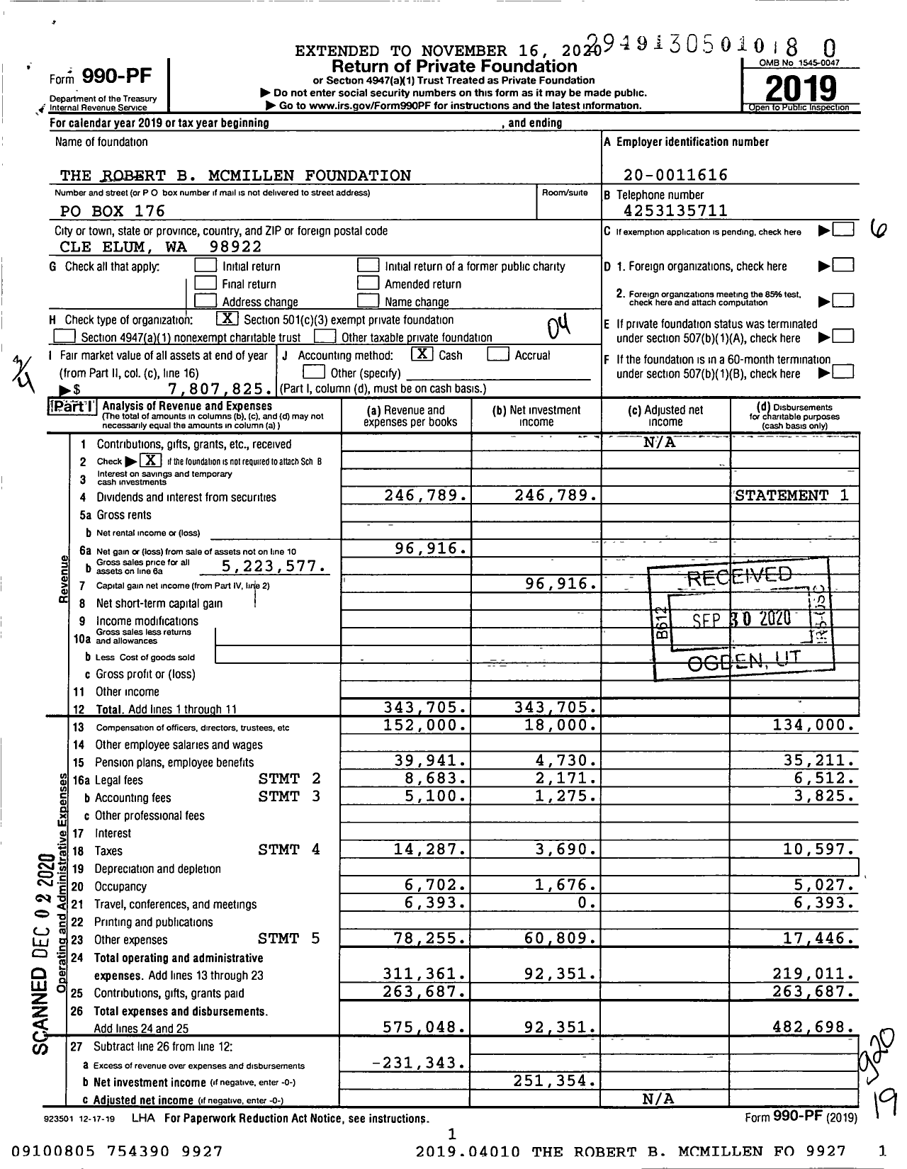 Image of first page of 2019 Form 990PF for The Robert B Mcmillen Foundation