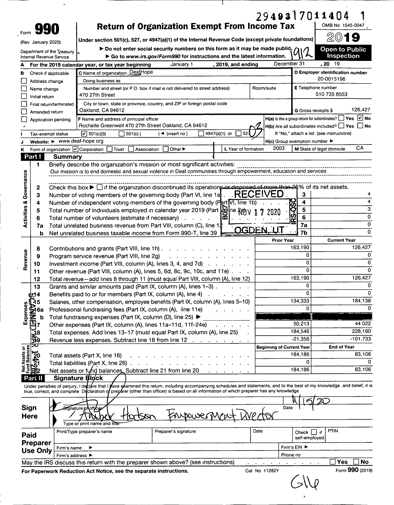 Image of first page of 2019 Form 990 for Deafhope