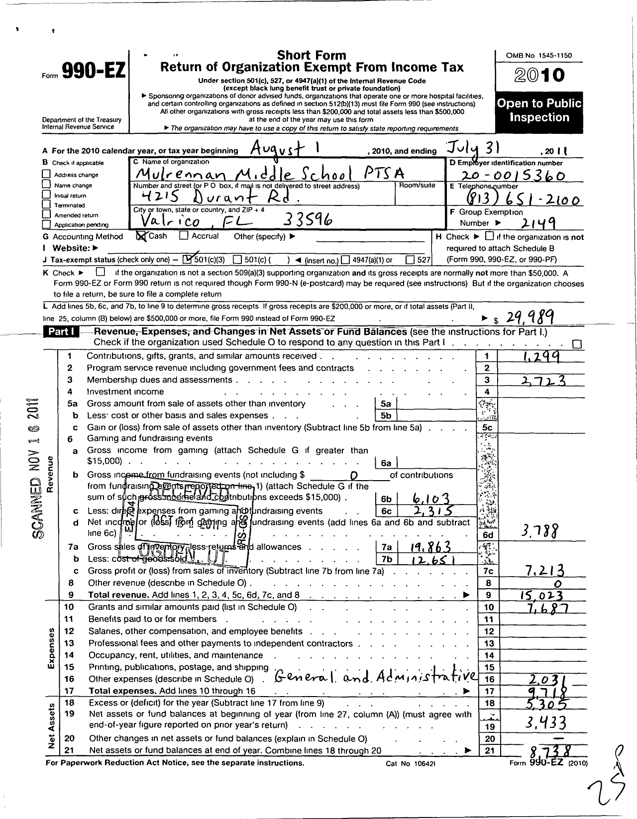 Image of first page of 2010 Form 990EZ for PTA Florida Congress - Mulrennan Middle School Ptsa