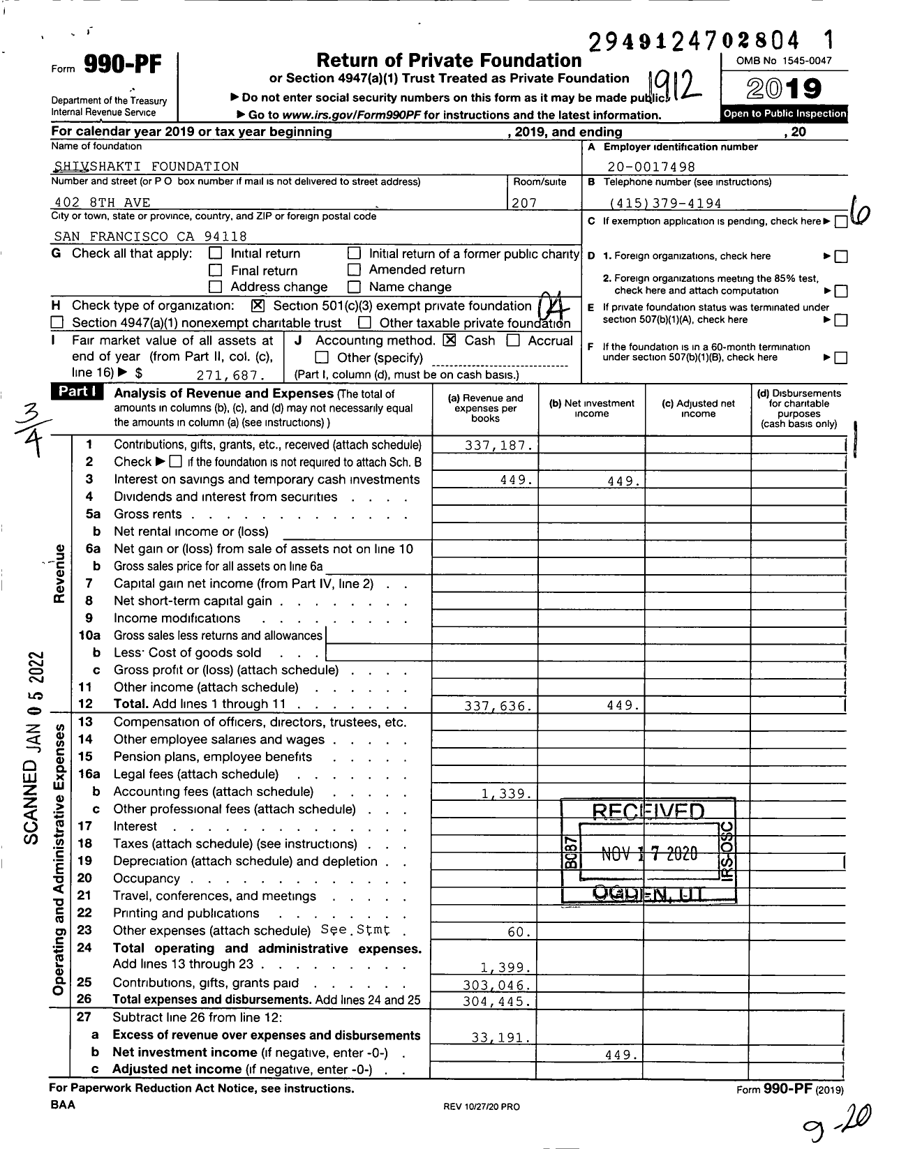 Image of first page of 2019 Form 990PF for Shivshakti Foundation