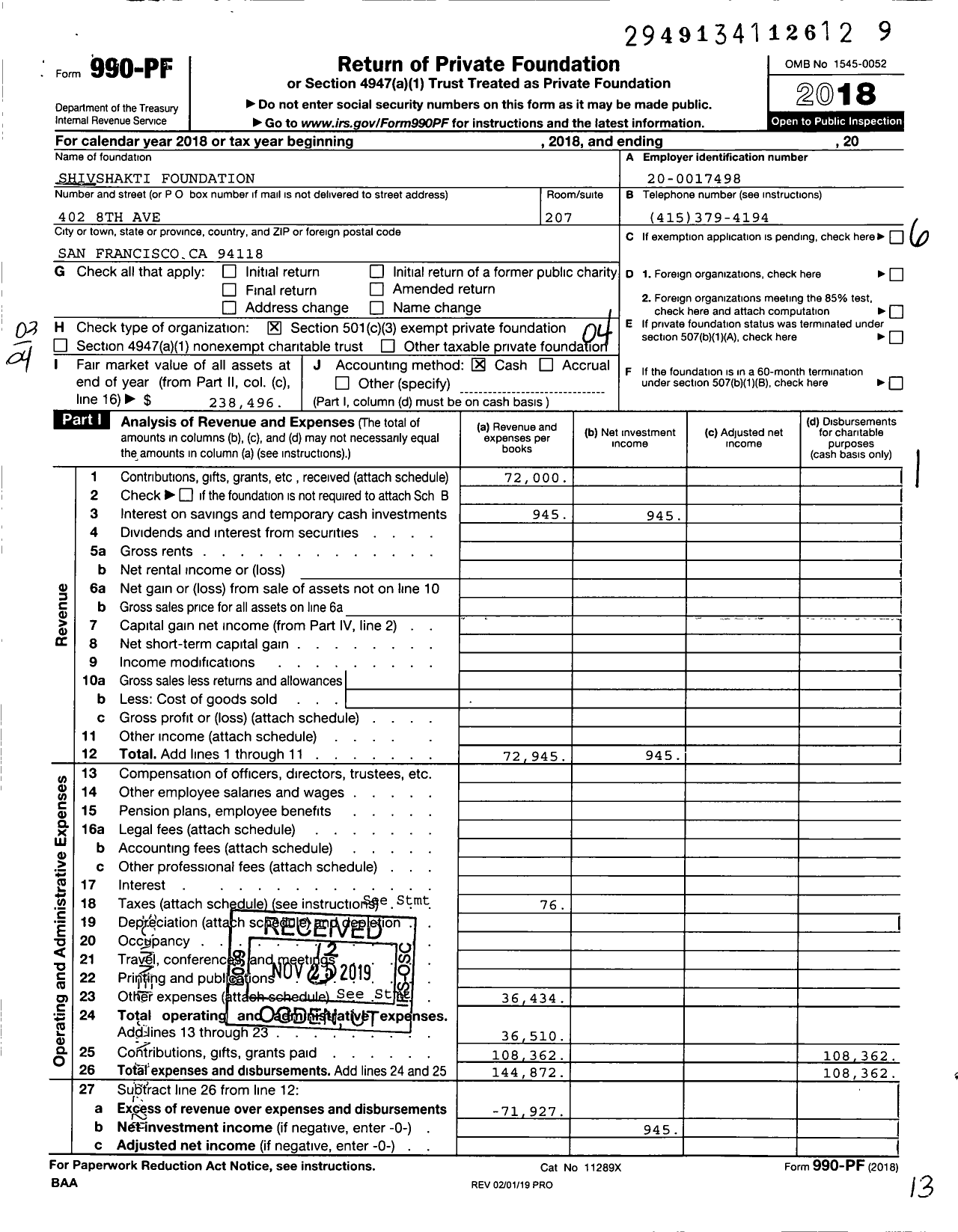 Image of first page of 2018 Form 990PF for Shivshakti Foundation