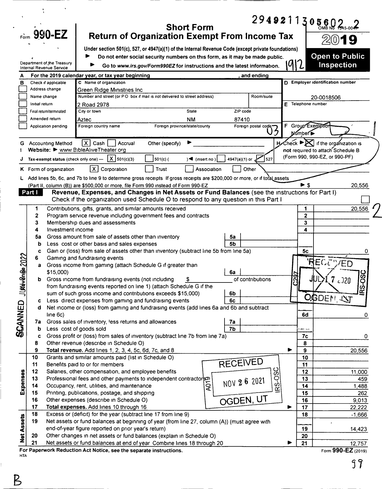 Image of first page of 2019 Form 990EZ for Green Ridge Ministries