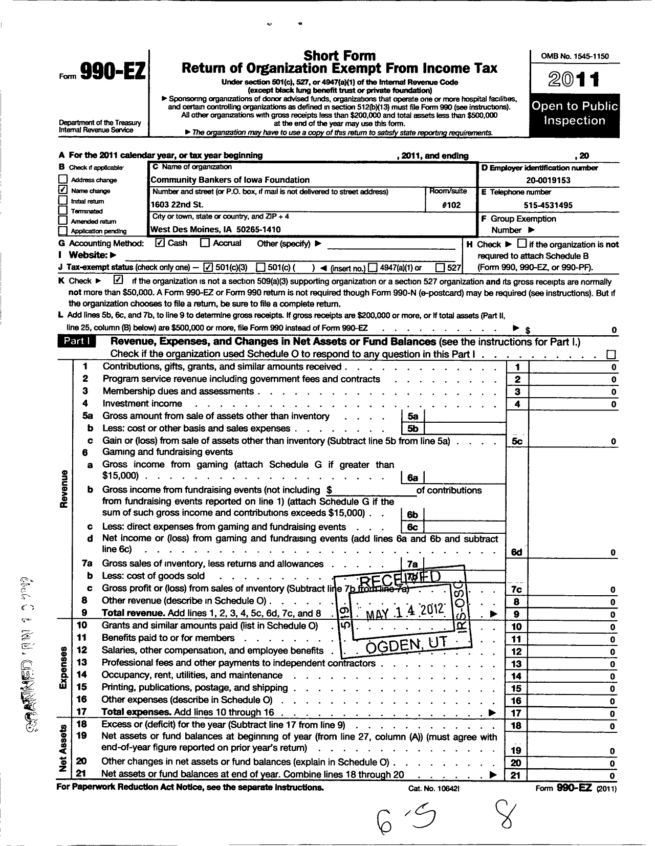 Image of first page of 2011 Form 990EZ for Community Bankers of Iowa Foundation