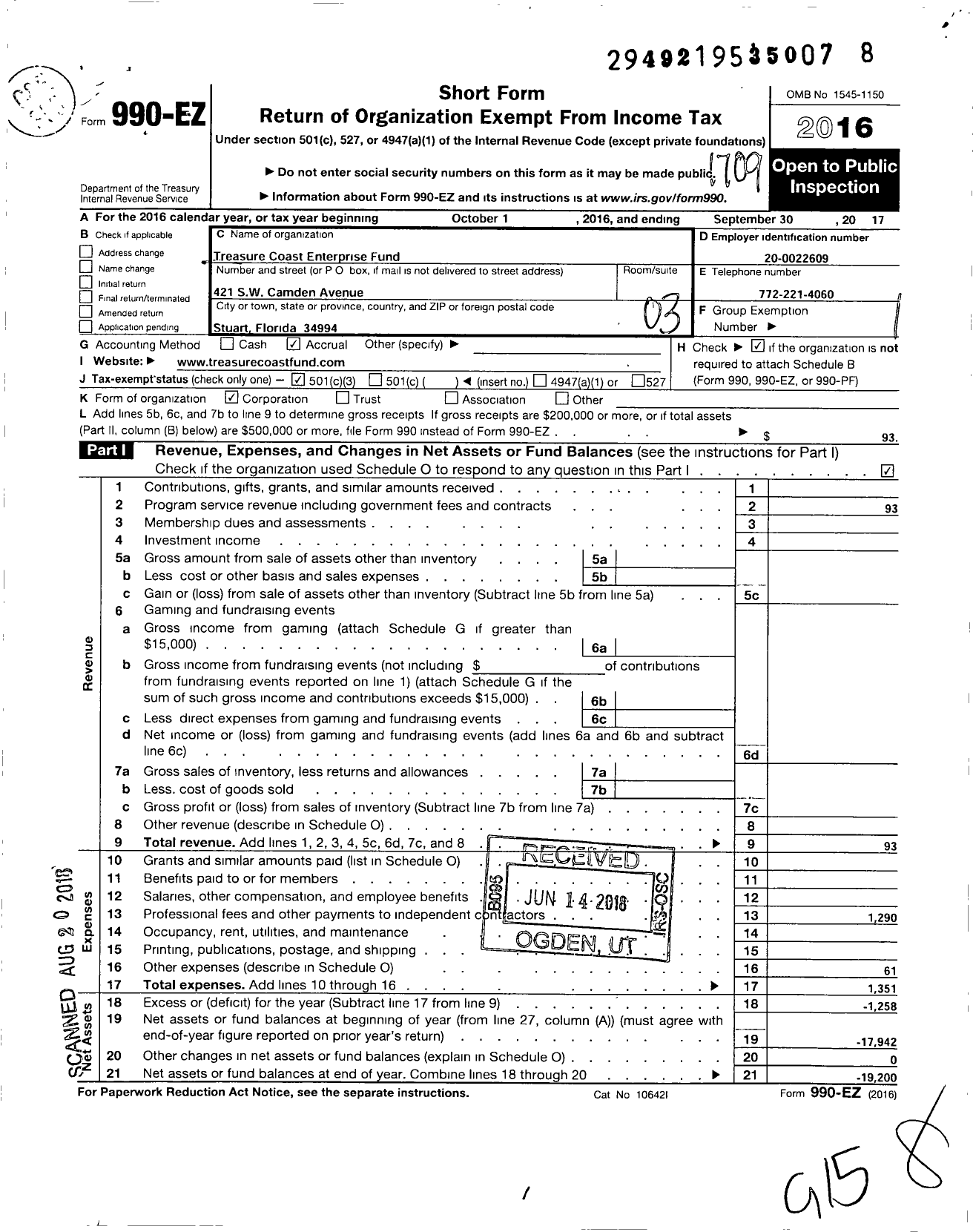 Image of first page of 2016 Form 990EZ for Treasure Coast Enterprise Fund