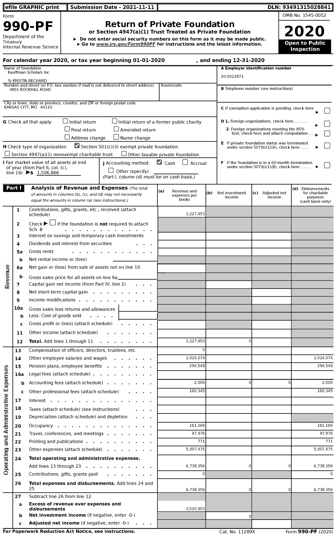 Image of first page of 2020 Form 990PF for Kauffman Scholars