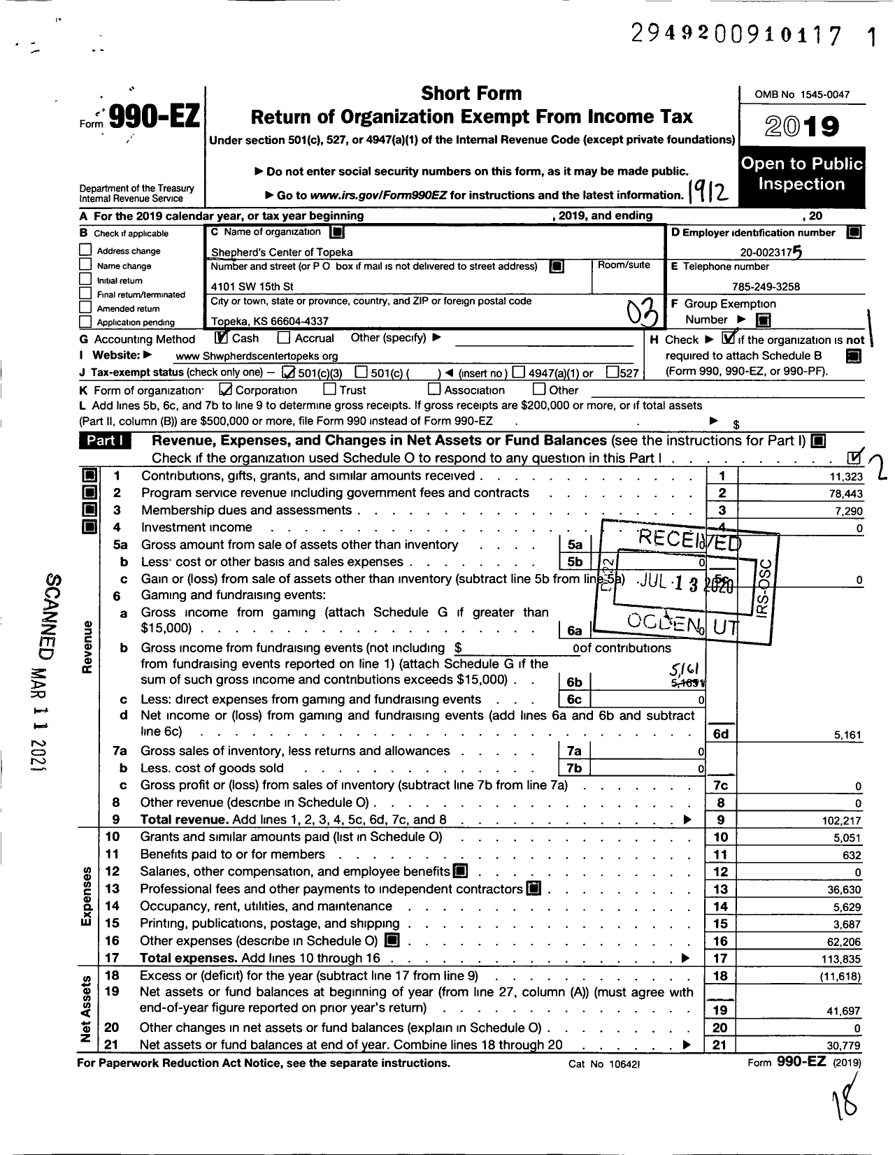 Image of first page of 2019 Form 990EZ for Shepherds Center of Topeka
