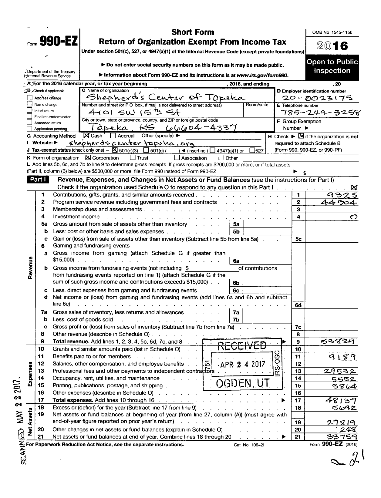Image of first page of 2016 Form 990EZ for Shepherds Center of Topeka