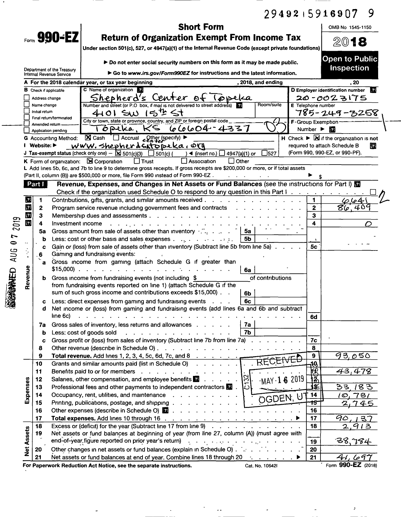 Image of first page of 2018 Form 990EZ for Shepherds Center of Topeka