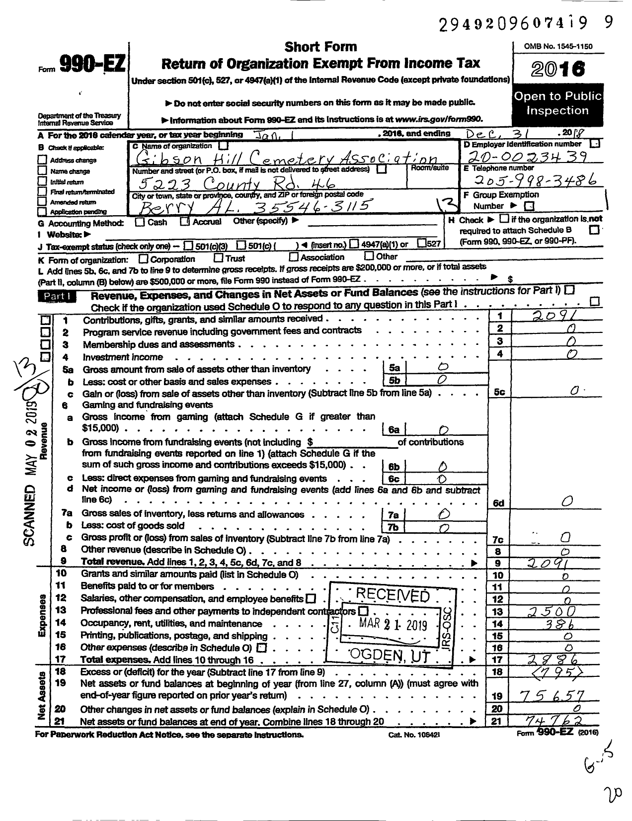 Image of first page of 2018 Form 990EO for Gibson Hill Cemetery Association