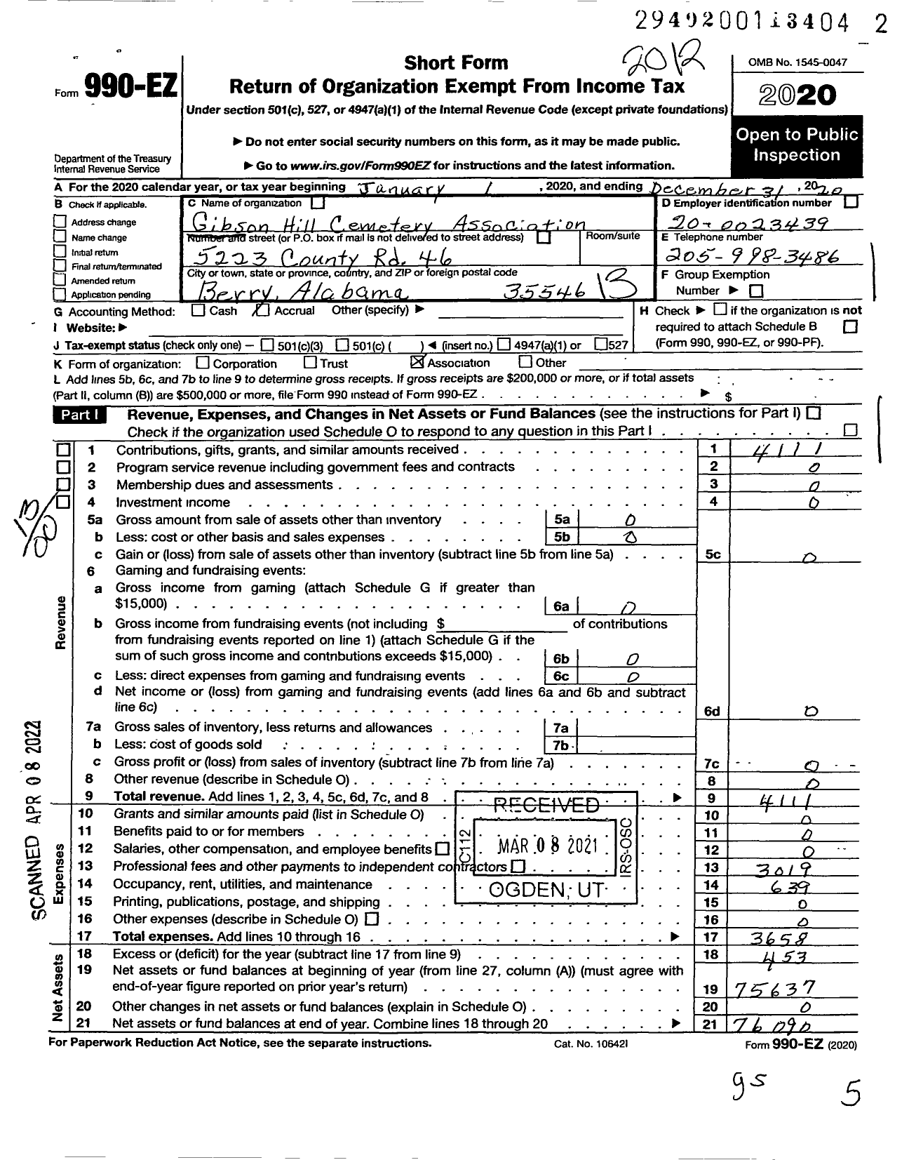 Image of first page of 2020 Form 990EO for Gibson Hill Cemetery Association