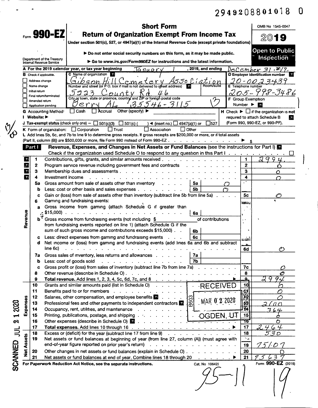 Image of first page of 2019 Form 990EO for Gibson Hill Cemetery Association