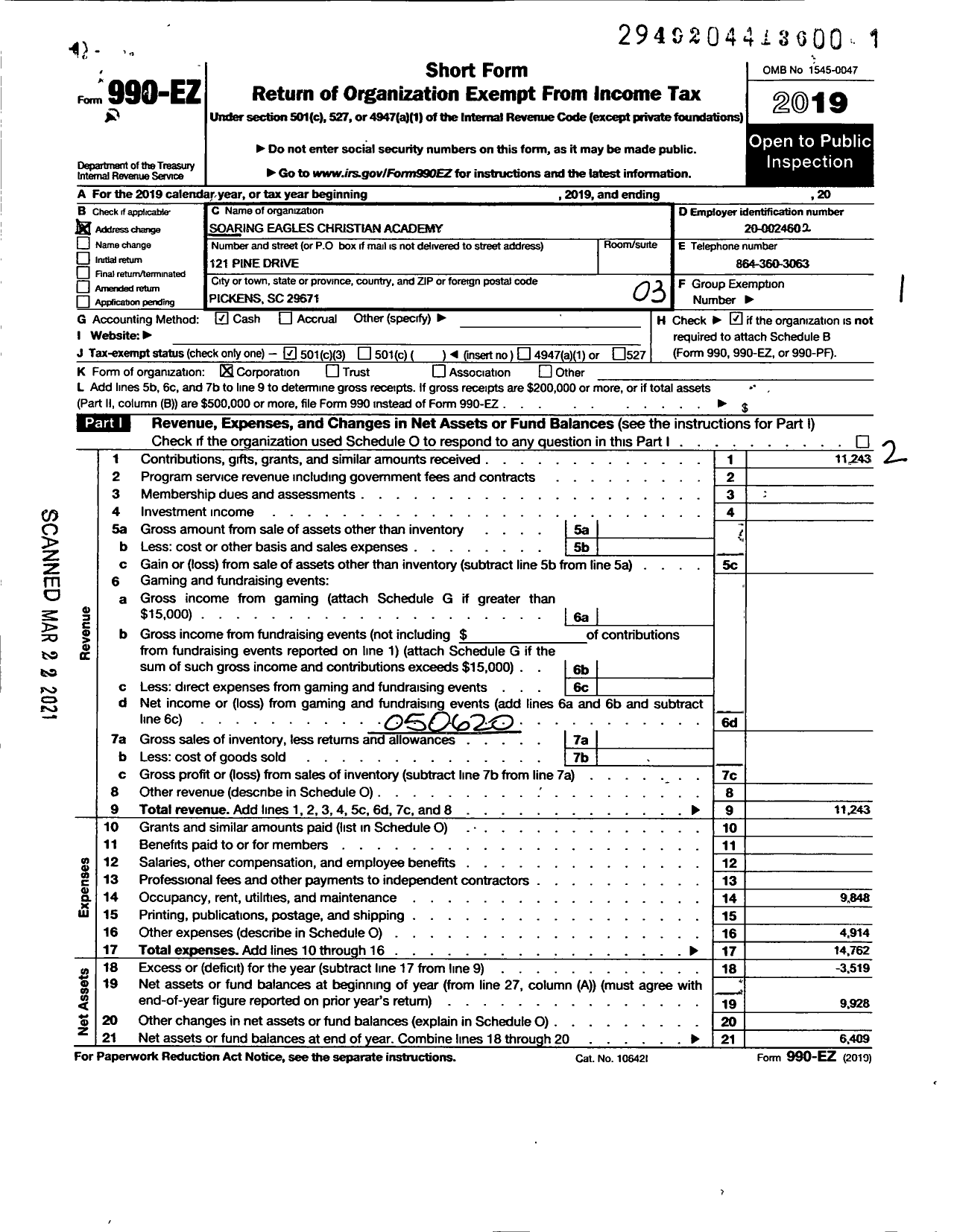 Image of first page of 2019 Form 990EZ for Soaring Eagles Christian Academy