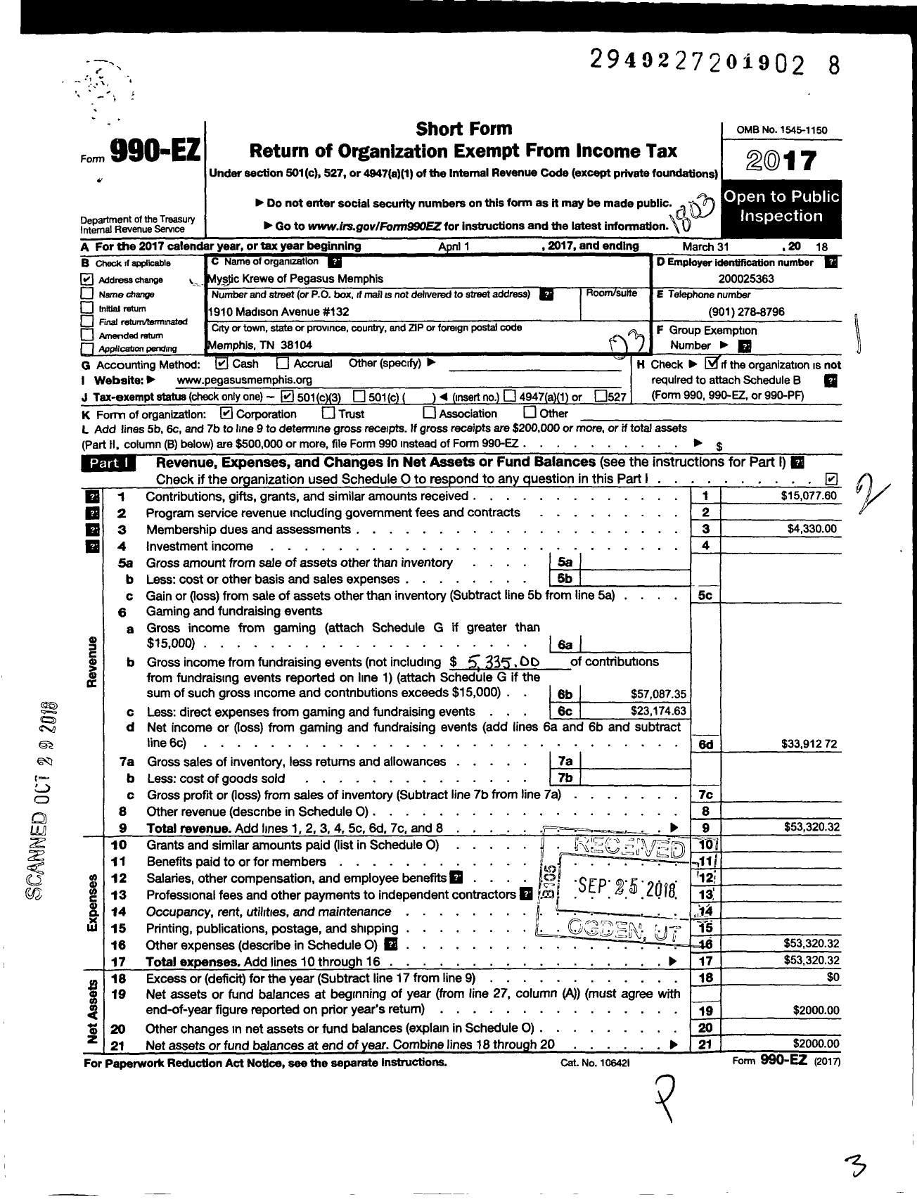 Image of first page of 2017 Form 990EZ for Mystic Krewe of Pegasus Memphis