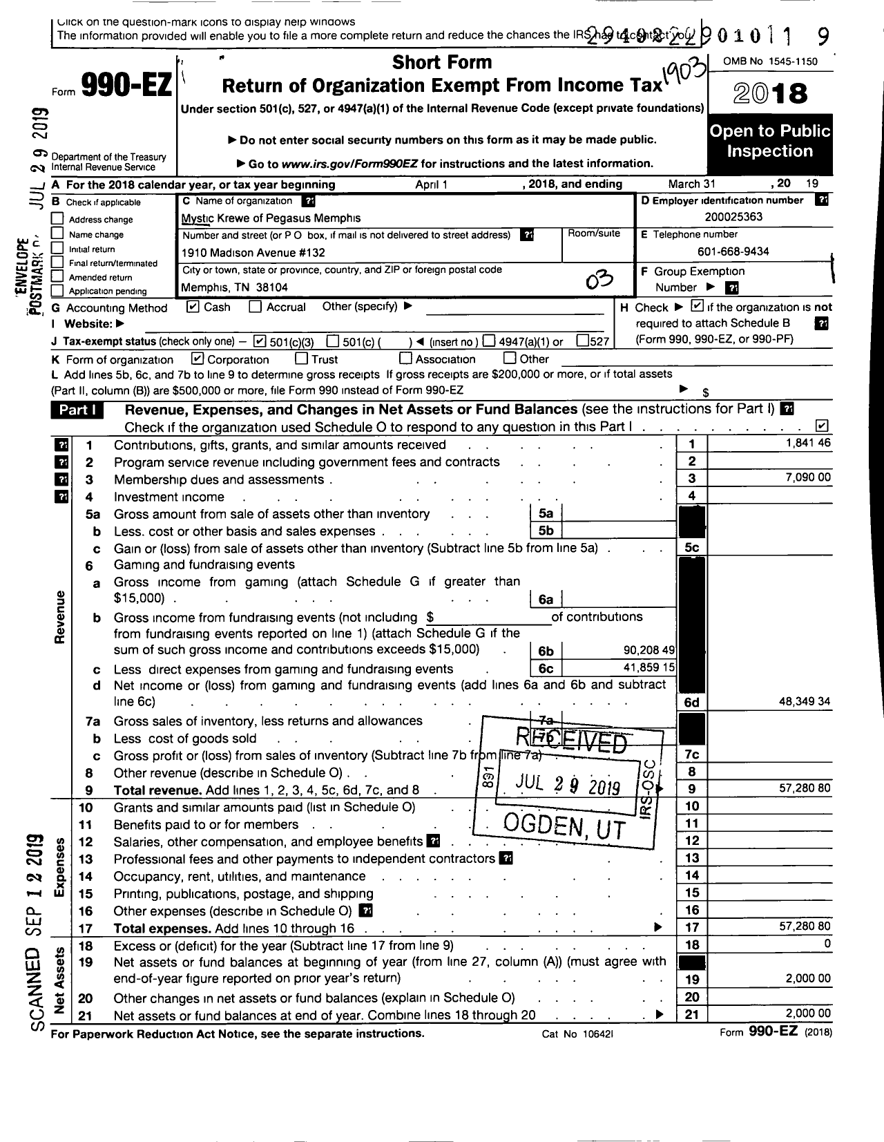 Image of first page of 2018 Form 990EZ for Mystic Krewe of Pegasus Memphis