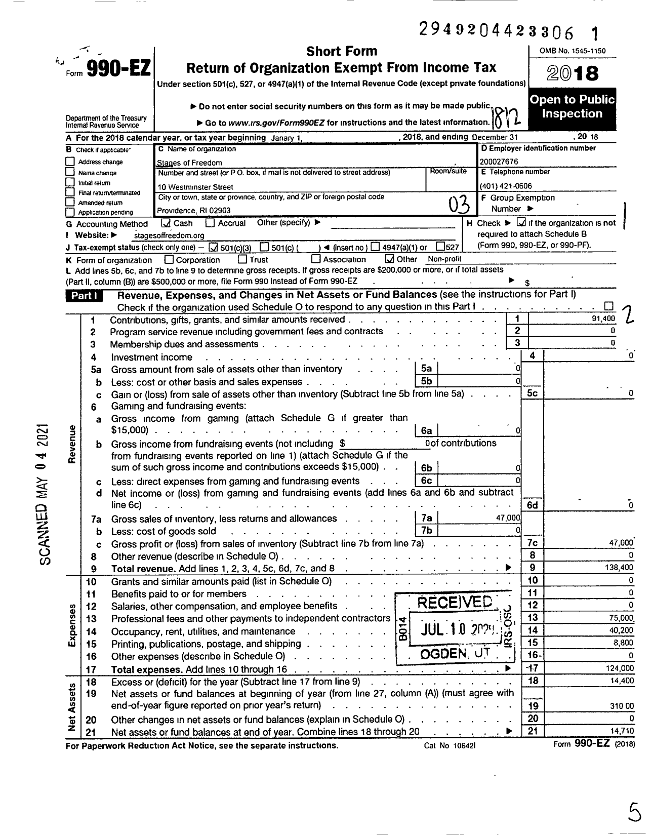 Image of first page of 2018 Form 990EZ for Stages of Freedom