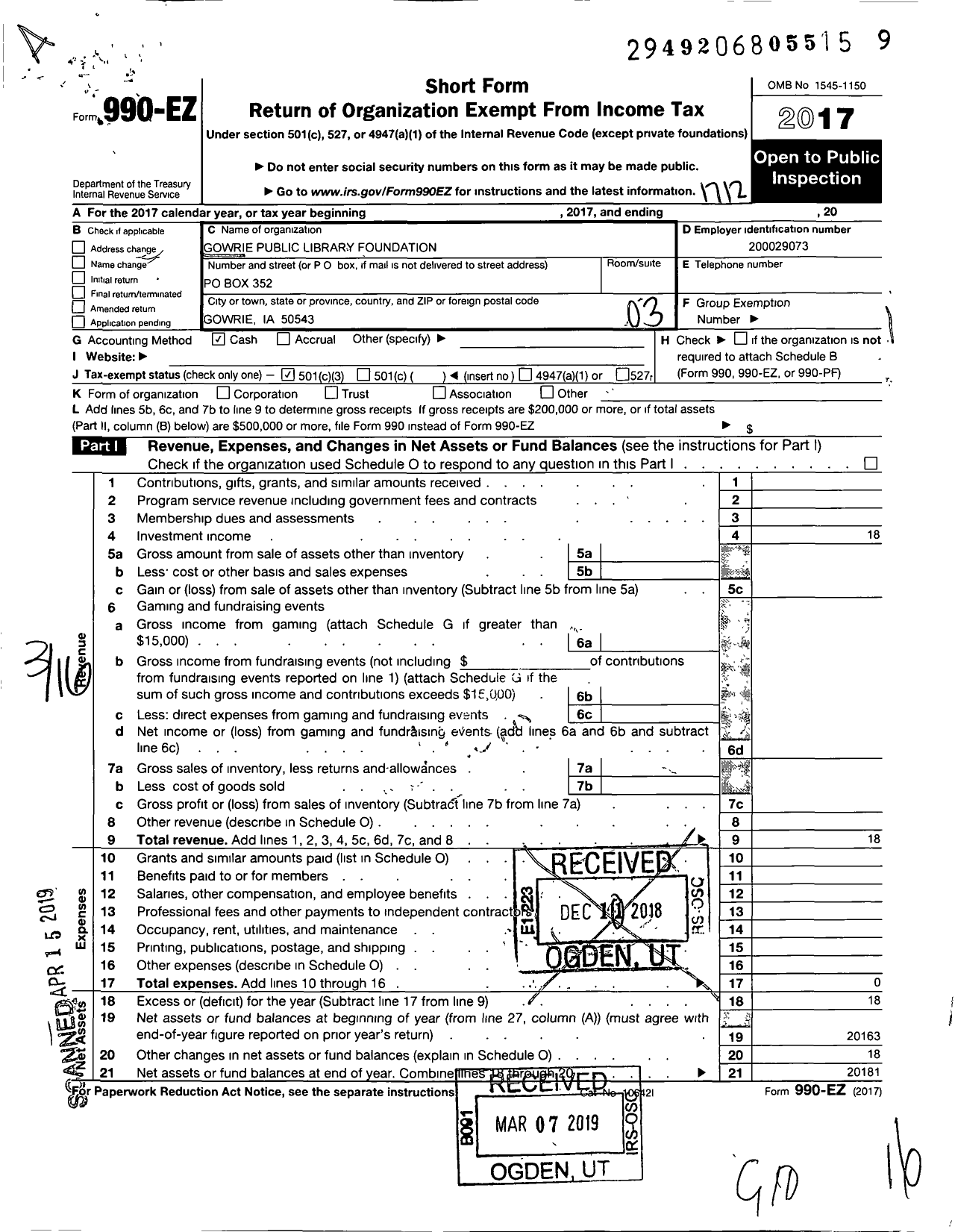 Image of first page of 2017 Form 990EZ for Gowrie Public Library Foundation