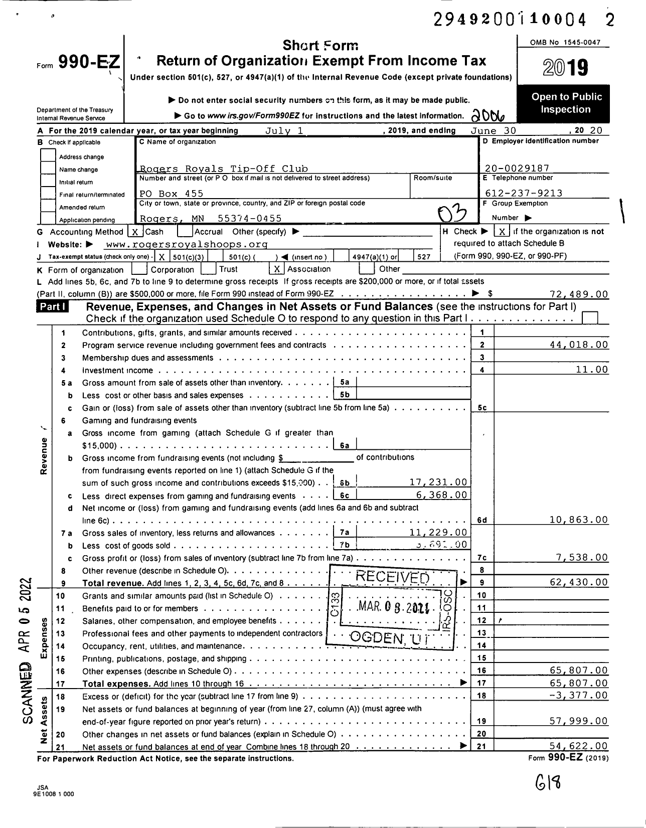 Image of first page of 2019 Form 990EZ for Rogers Royals Tip Off Club - High School