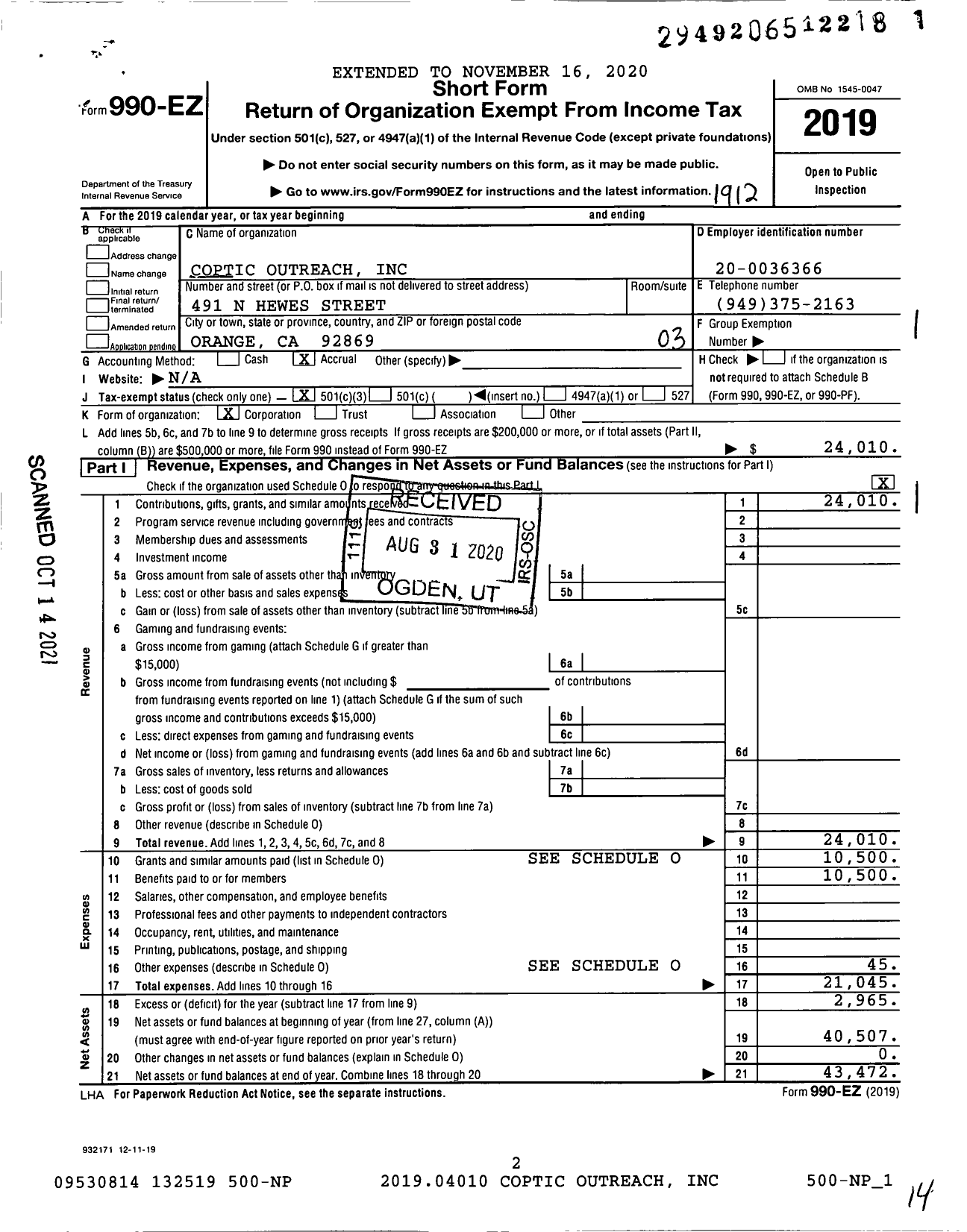 Image of first page of 2019 Form 990EZ for Coptic Outreach