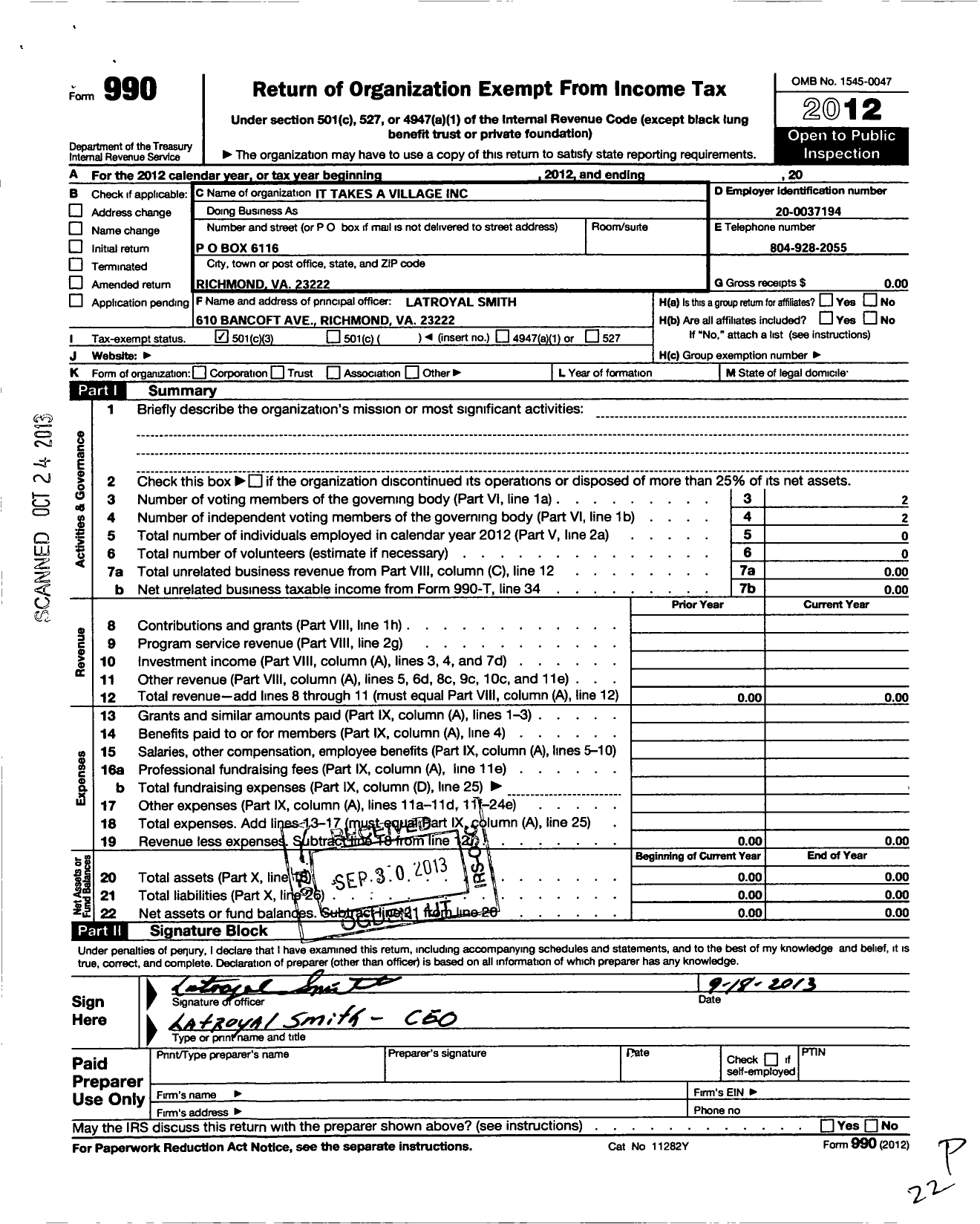 Image of first page of 2012 Form 990 for It Takes A Village