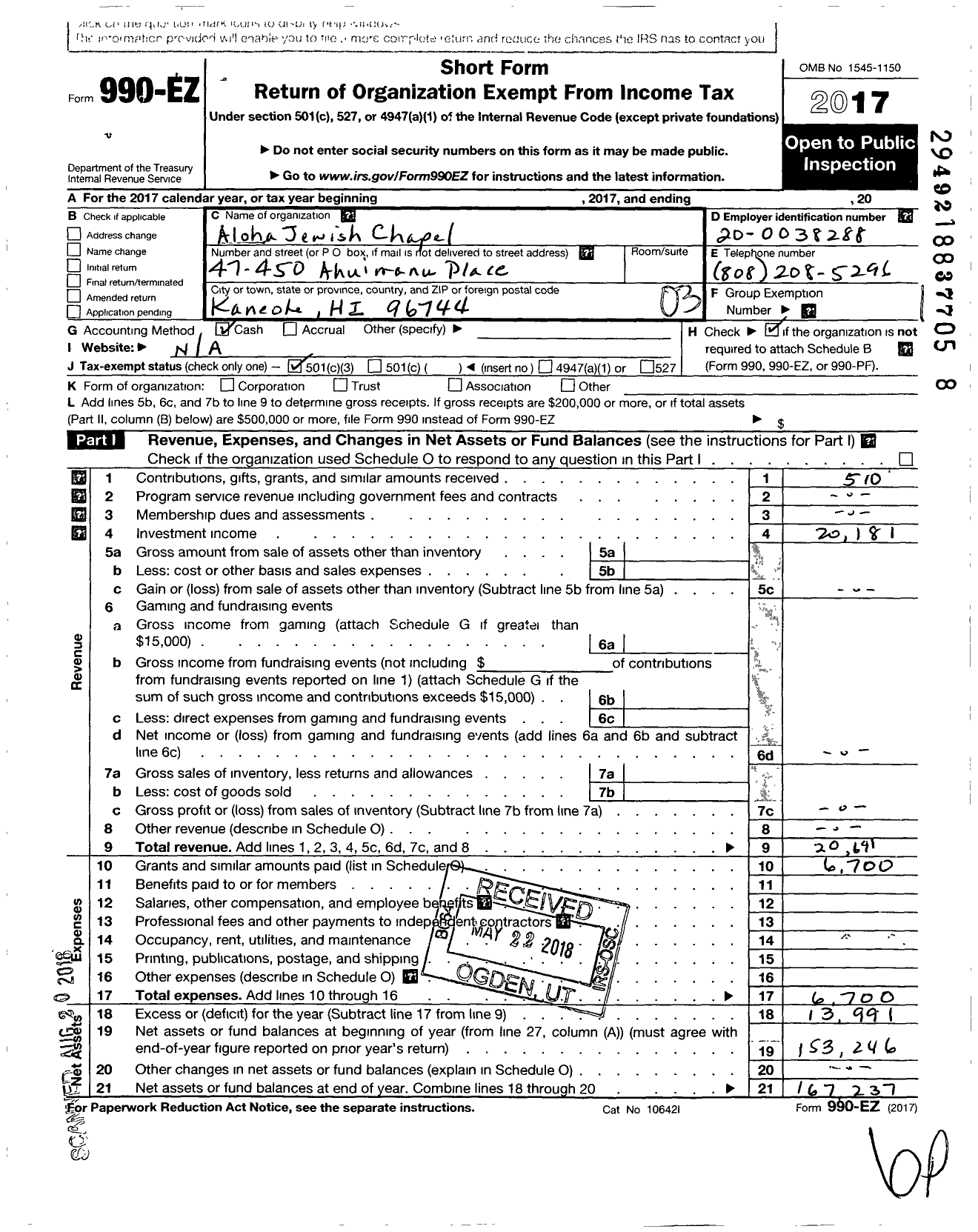 Image of first page of 2017 Form 990EZ for Aloha Jewish Chapel Association