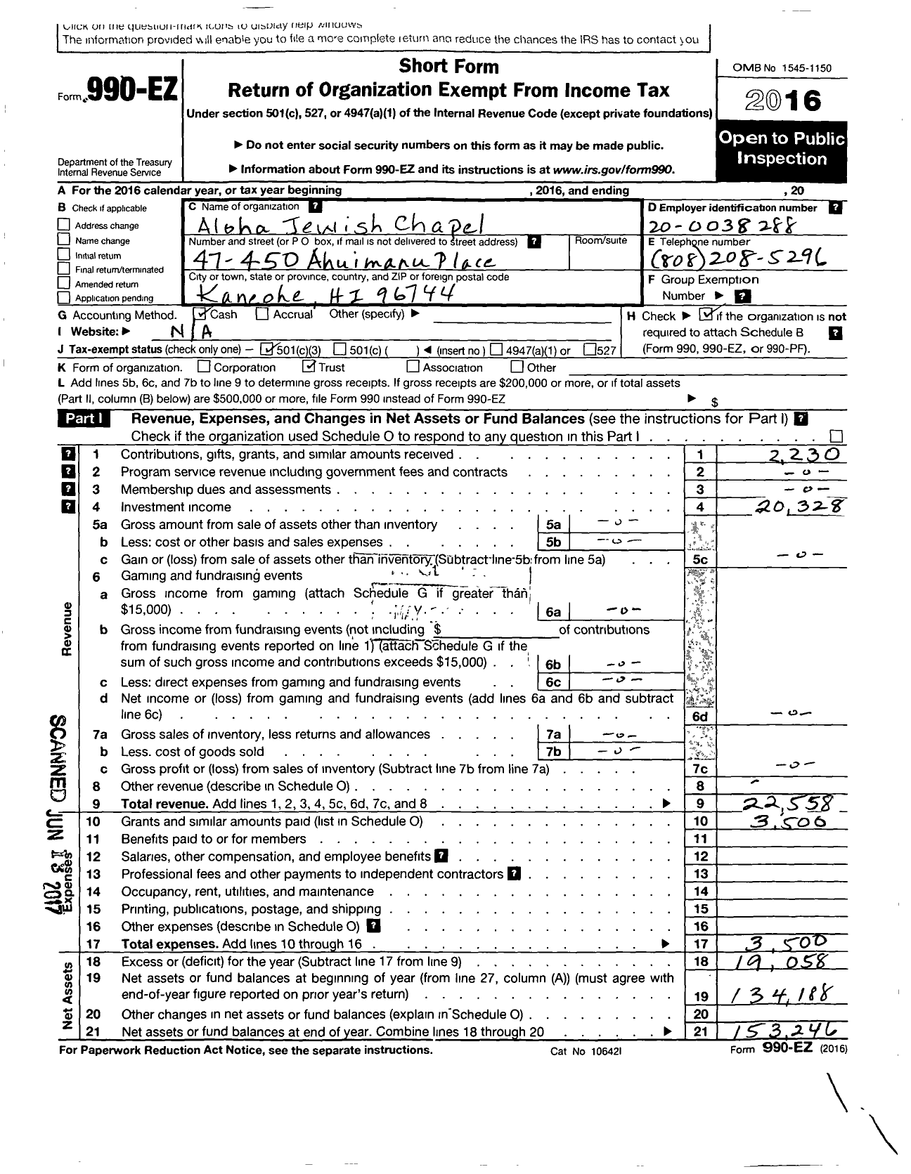 Image of first page of 2016 Form 990EZ for Aloha Jewish Chapel Association