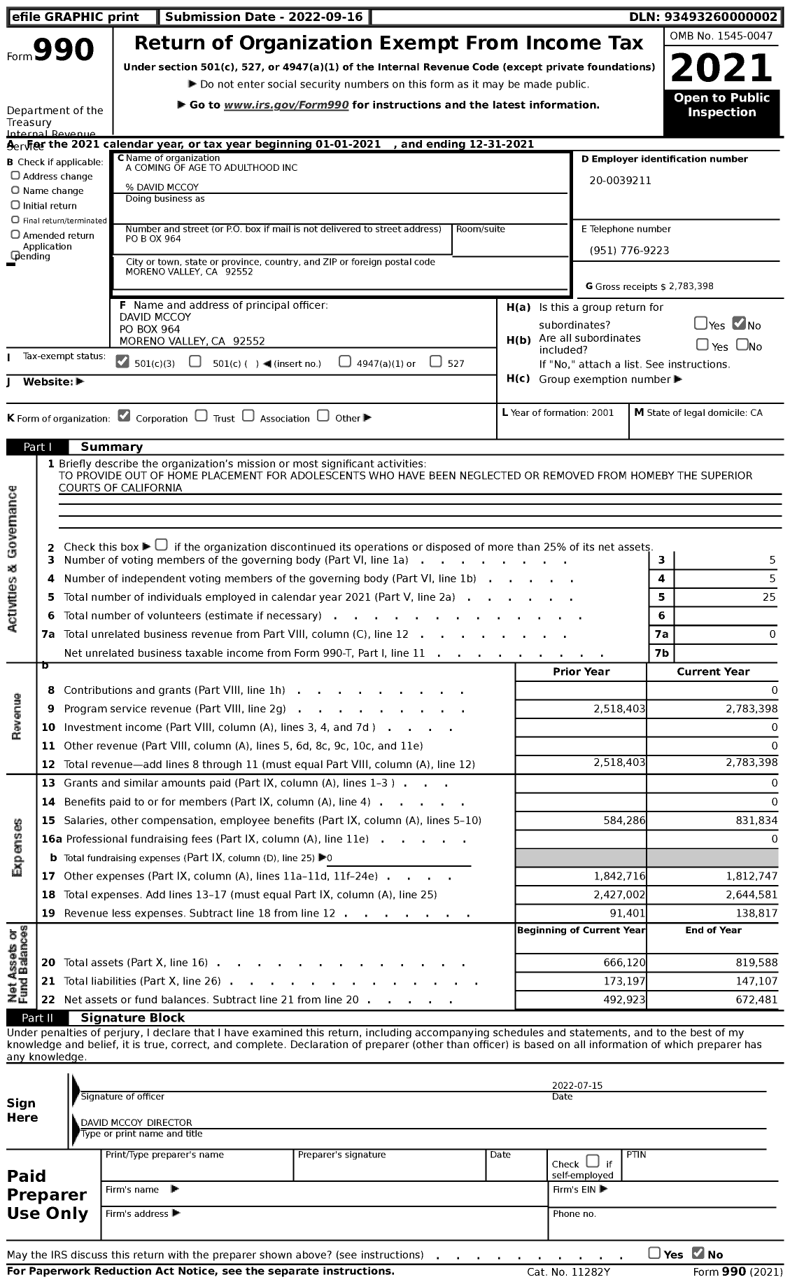 Image of first page of 2021 Form 990 for A Coming of Age To Adulthood