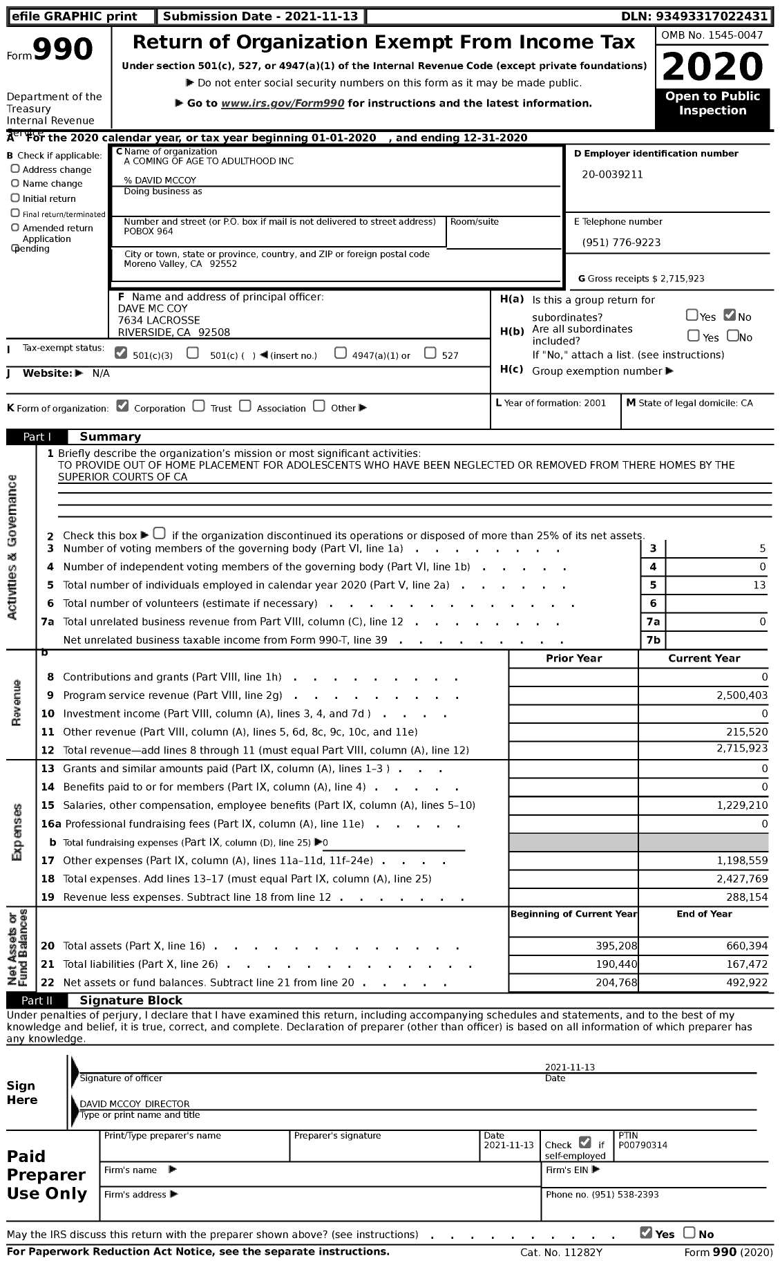 Image of first page of 2020 Form 990 for A Coming of Age To Adulthood