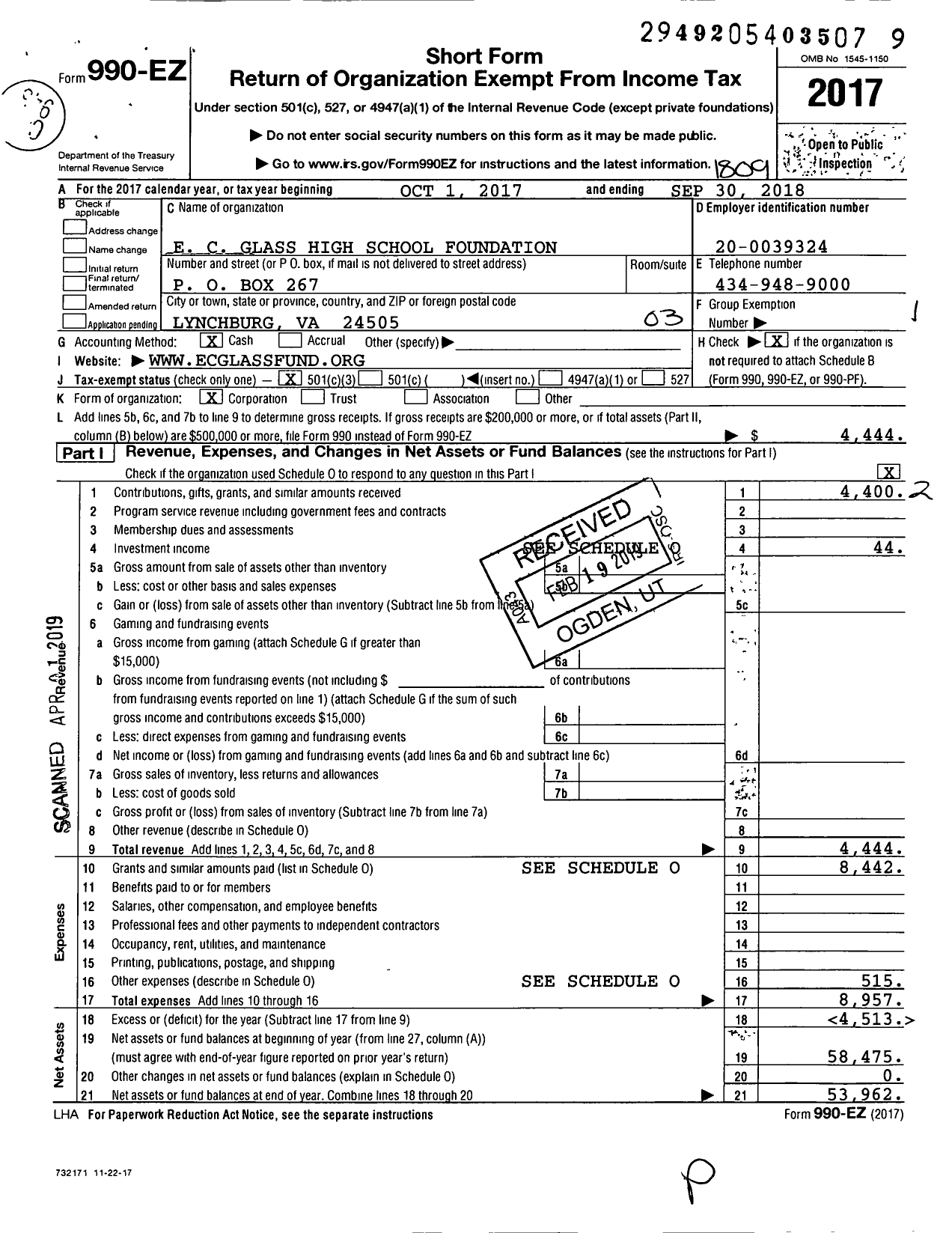 Image of first page of 2017 Form 990EZ for E C Glass High School Foundation