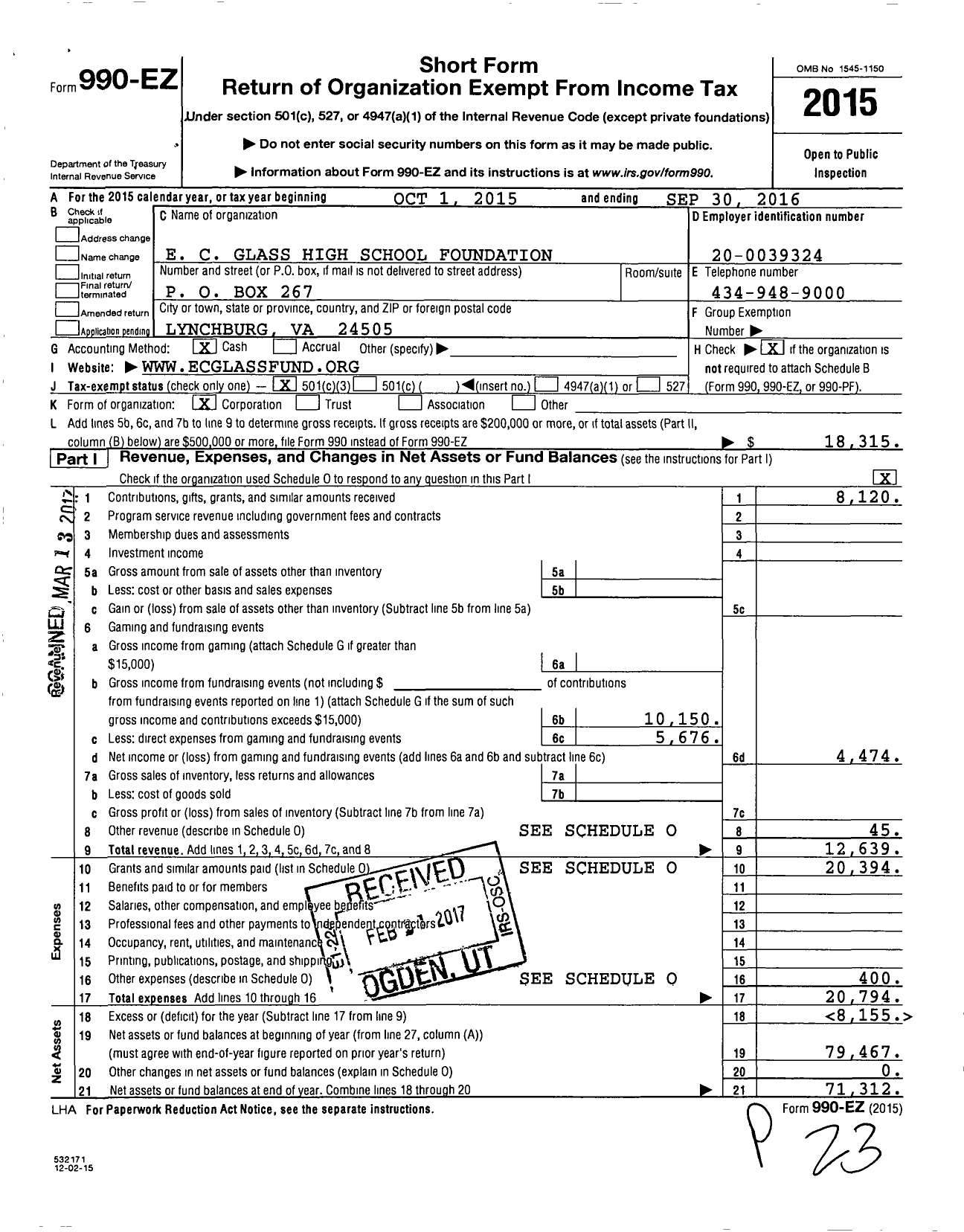 Image of first page of 2015 Form 990EZ for E C Glass High School Foundation