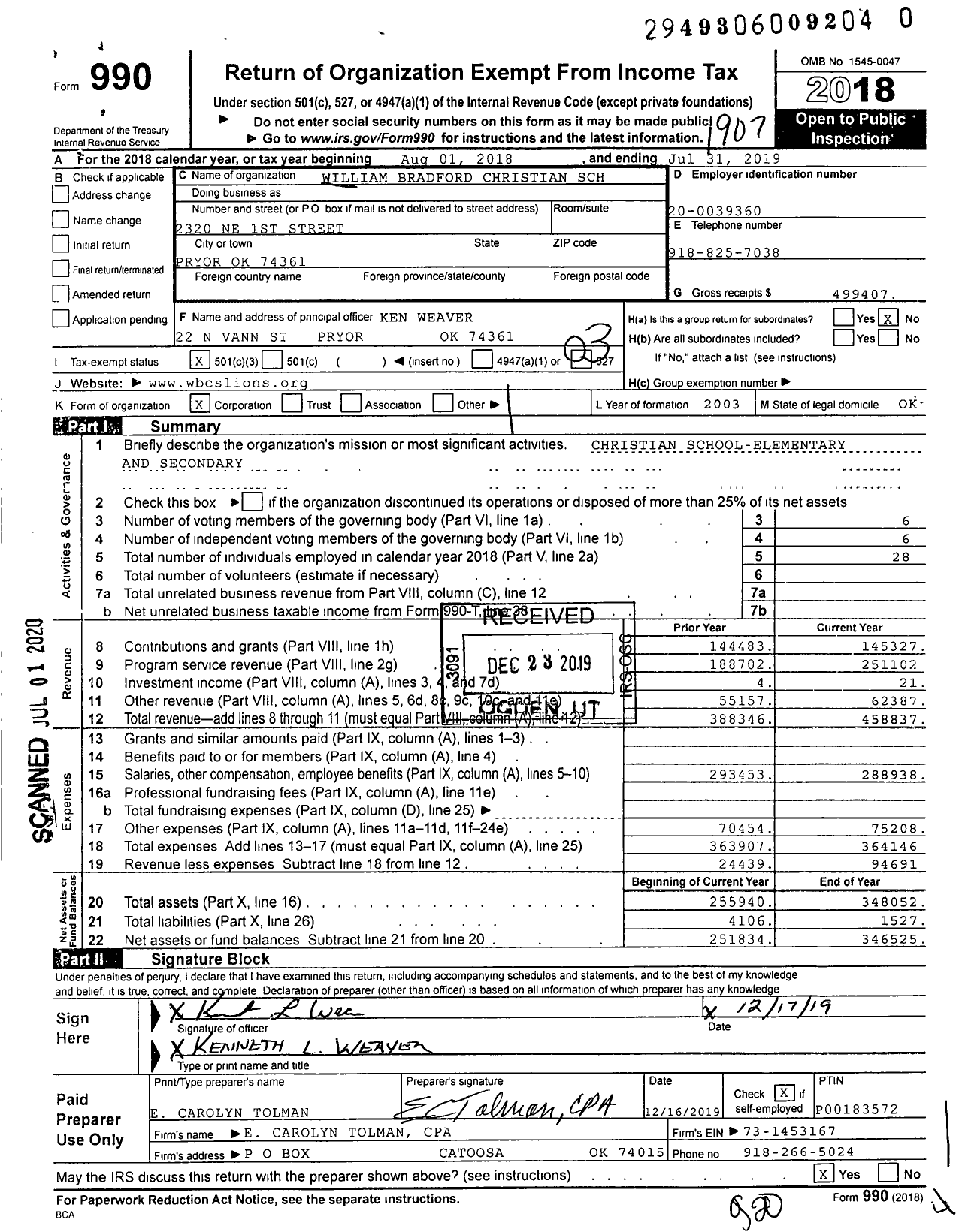 Image of first page of 2018 Form 990 for William Bradford Christian School