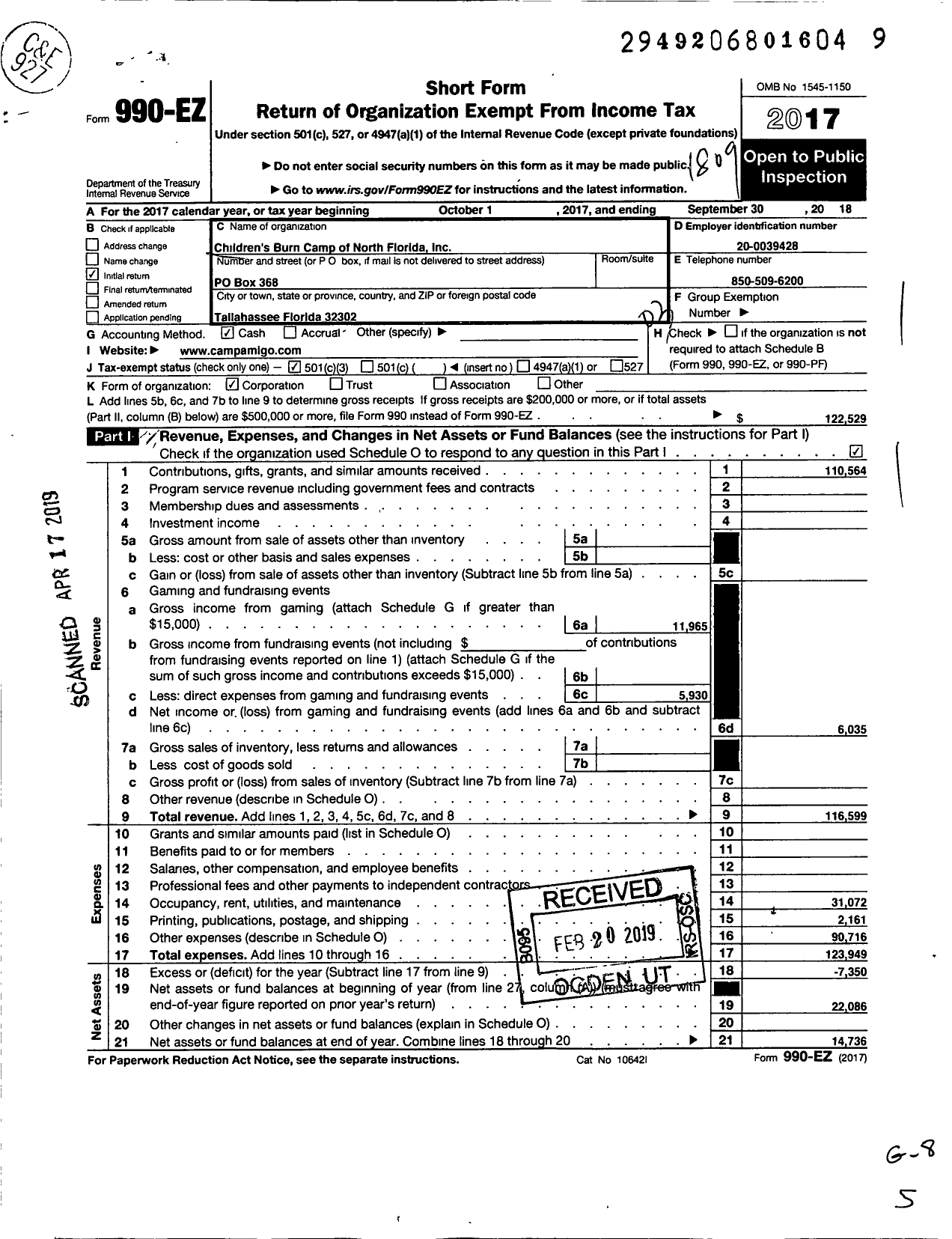 Image of first page of 2017 Form 990EZ for Childrens Burn Camp of North Florida Incorporated