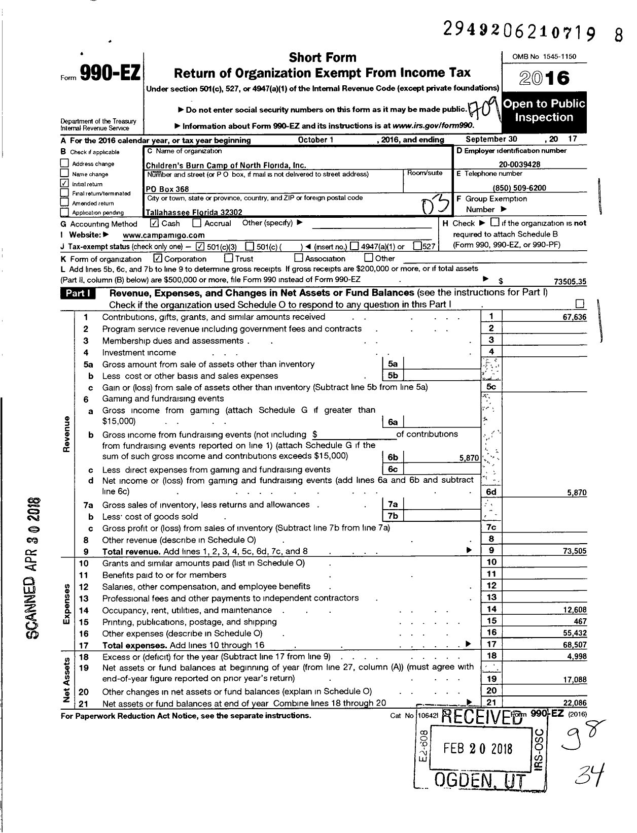 Image of first page of 2016 Form 990EZ for Childrens Burn Camp of North Florida Incorporated