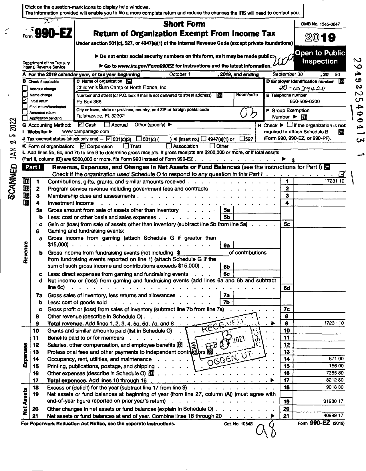 Image of first page of 2019 Form 990EZ for Childrens Burn Camp of North Florida Incorporated