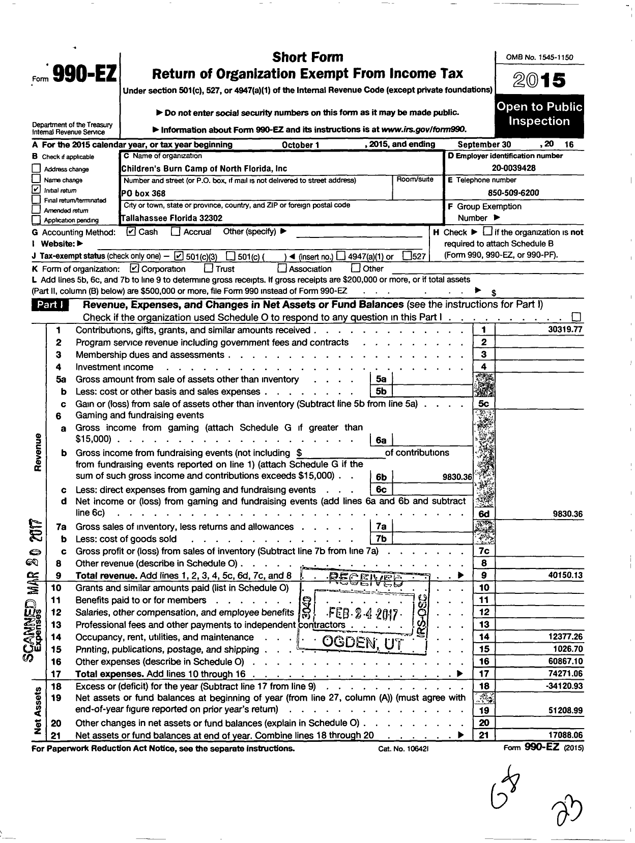 Image of first page of 2015 Form 990EZ for Childrens Burn Camp of North Florida Incorporated