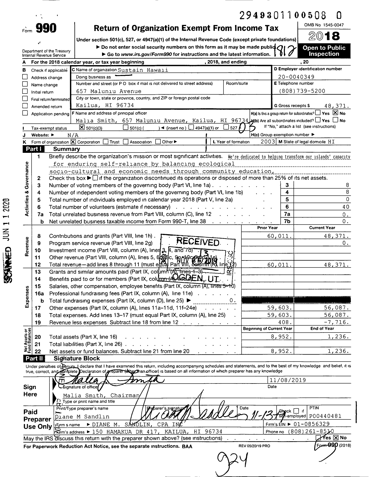 Image of first page of 2018 Form 990 for Sustain Hawaii