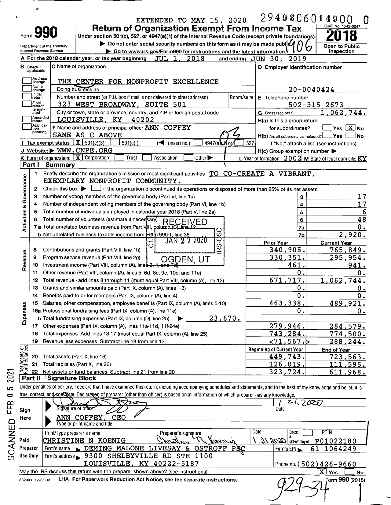 Image of first page of 2018 Form 990 for The Center for Nonprofit Excellence