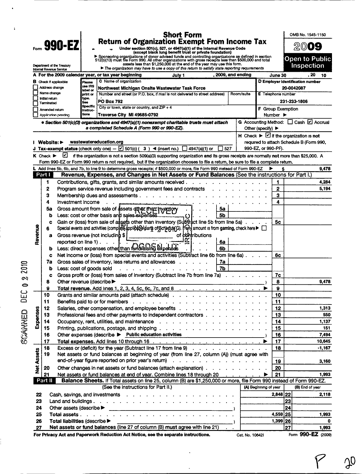 Image of first page of 2009 Form 990EZ for Waste Water Education