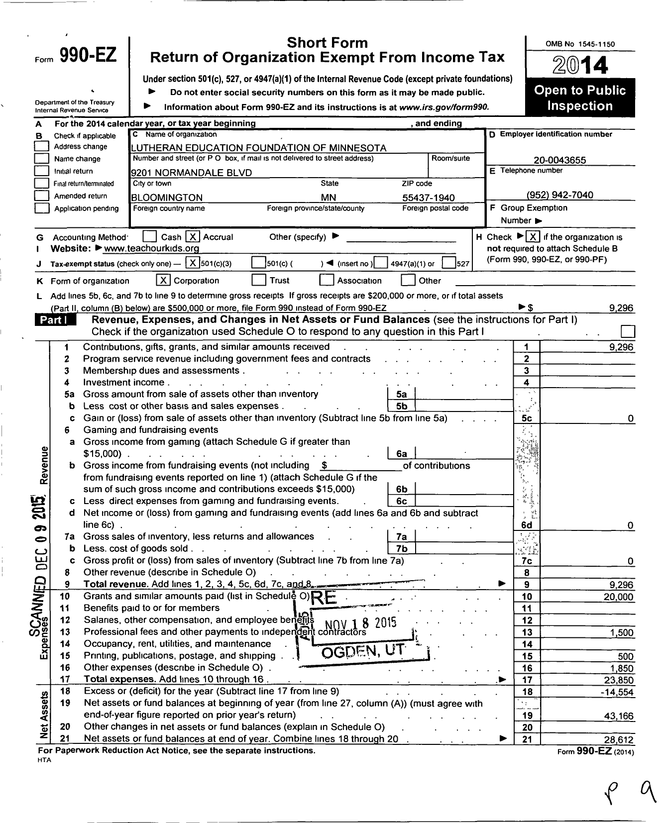 Image of first page of 2014 Form 990EZ for Lutheran Education Foundation of Minnesota