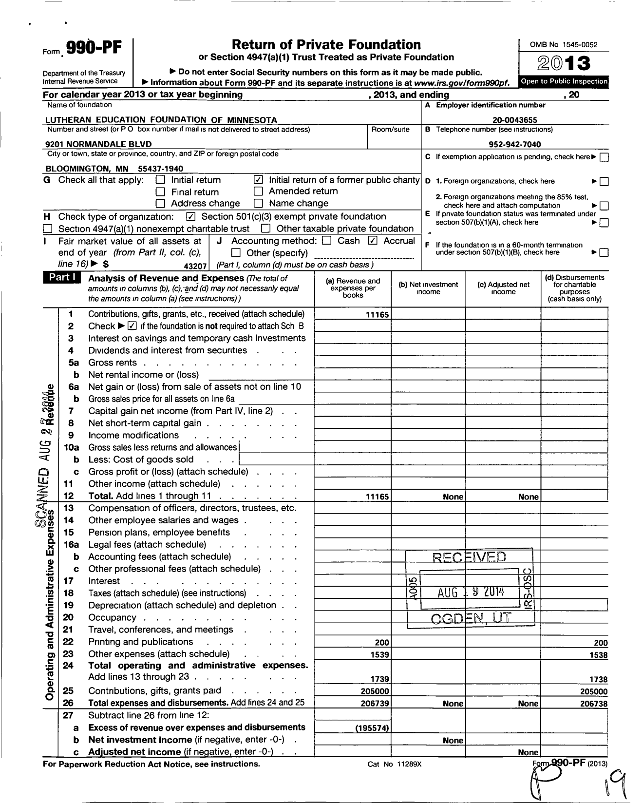 Image of first page of 2013 Form 990PF for Lutheran Education Foundation of Minnesota