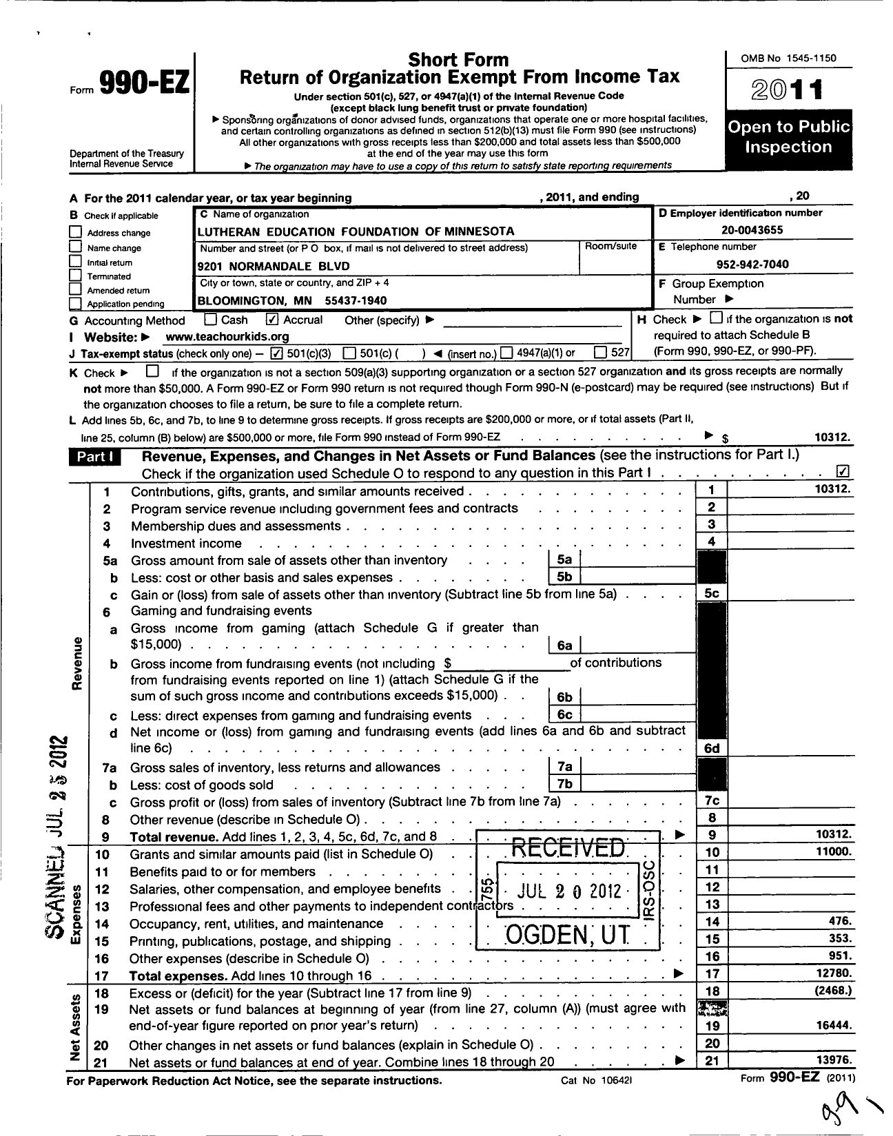 Image of first page of 2011 Form 990EZ for Lutheran Education Foundation of Minnesota