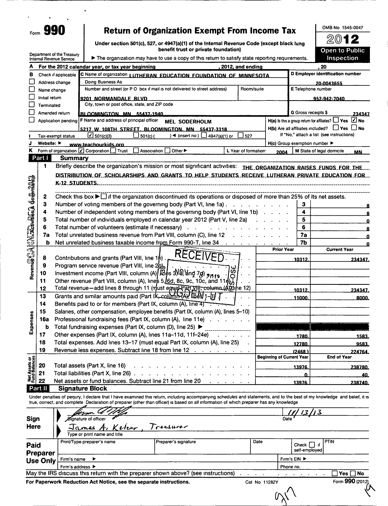 Image of first page of 2012 Form 990 for Lutheran Education Foundation of Minnesota