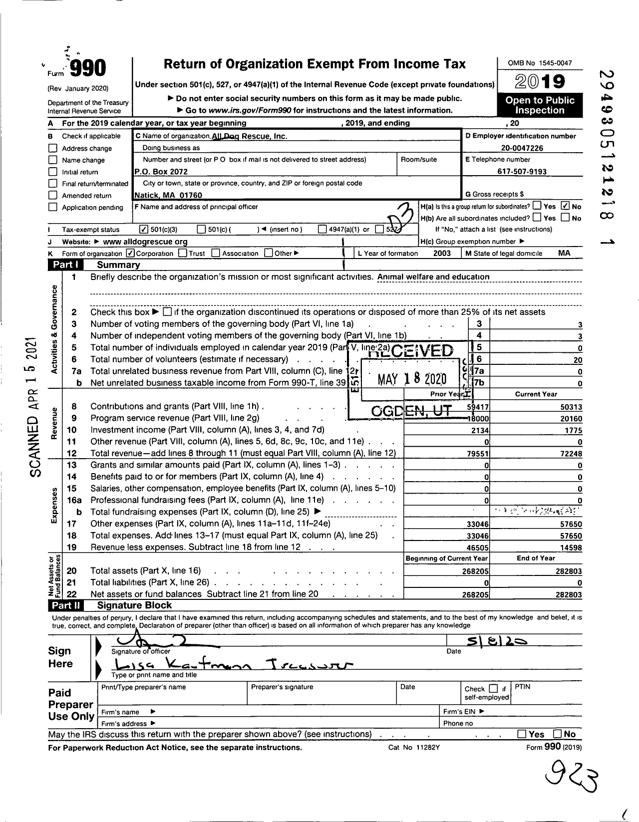 Image of first page of 2019 Form 990 for All Dog Rescue