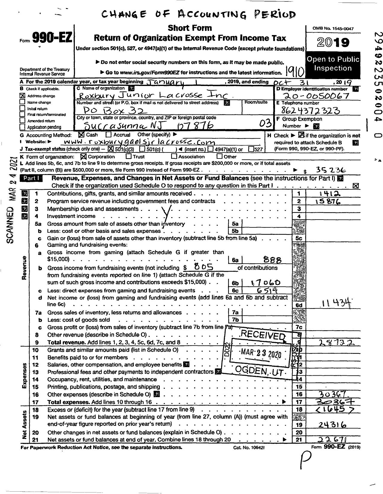 Image of first page of 2018 Form 990EZ for Roxbury Junior Lacrosse