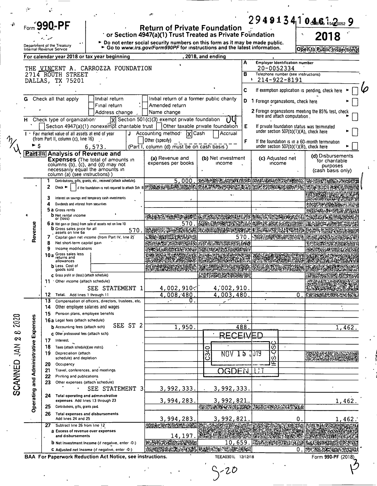 Image of first page of 2018 Form 990PF for The Vincent A Carrozza Foundation