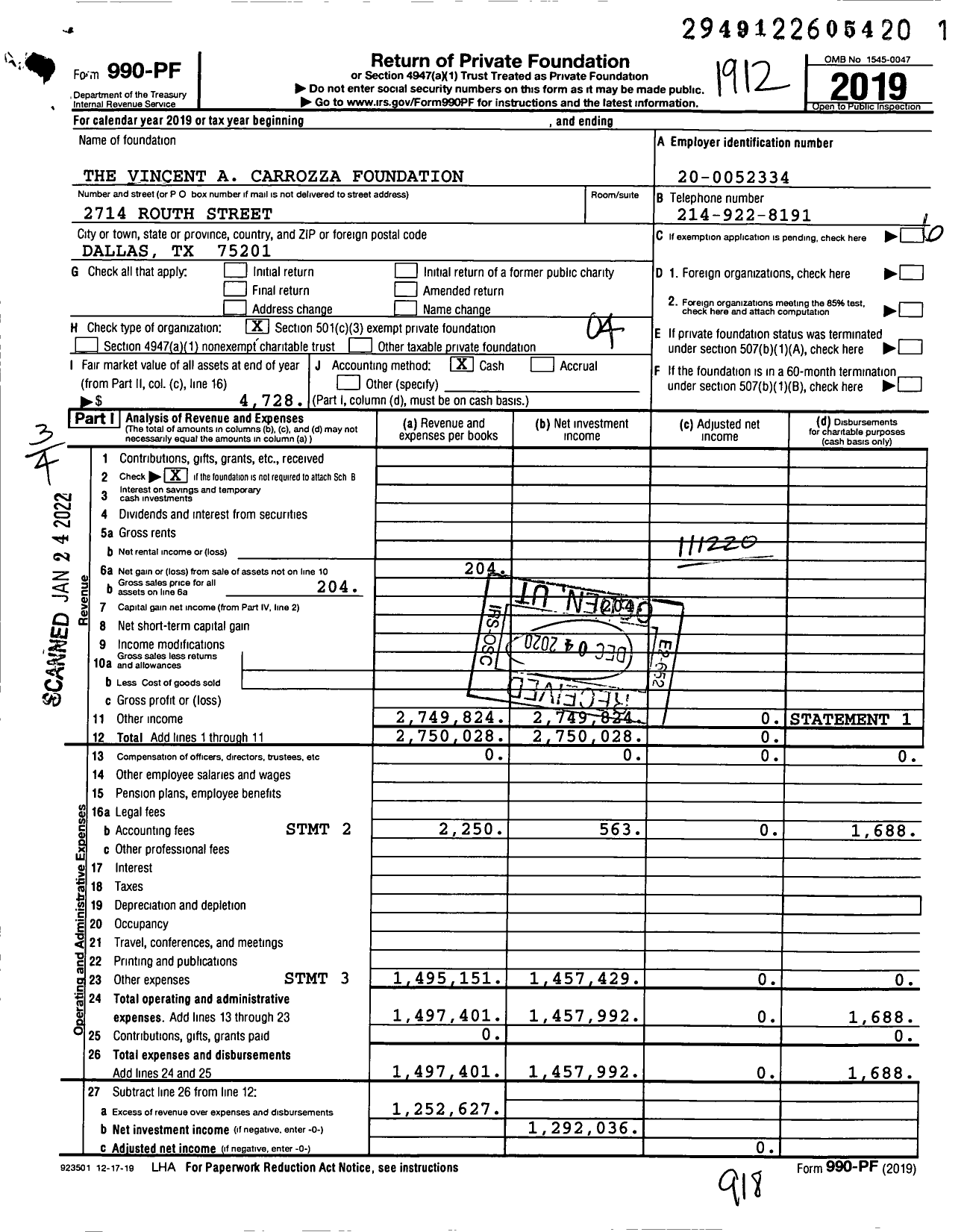 Image of first page of 2019 Form 990PF for The Vincent A Carrozza Foundation