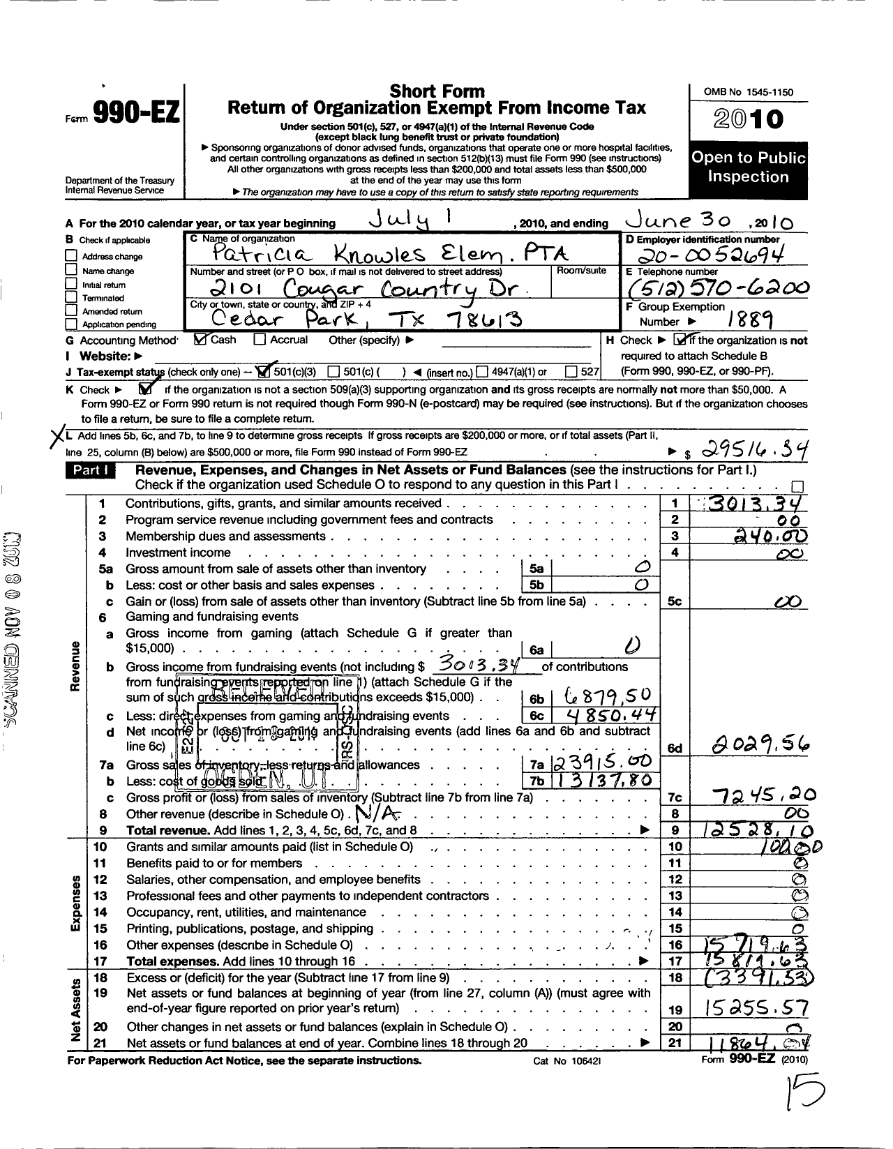 Image of first page of 2009 Form 990EZ for Texas PTA - Patricia Knowles Elementary PTA