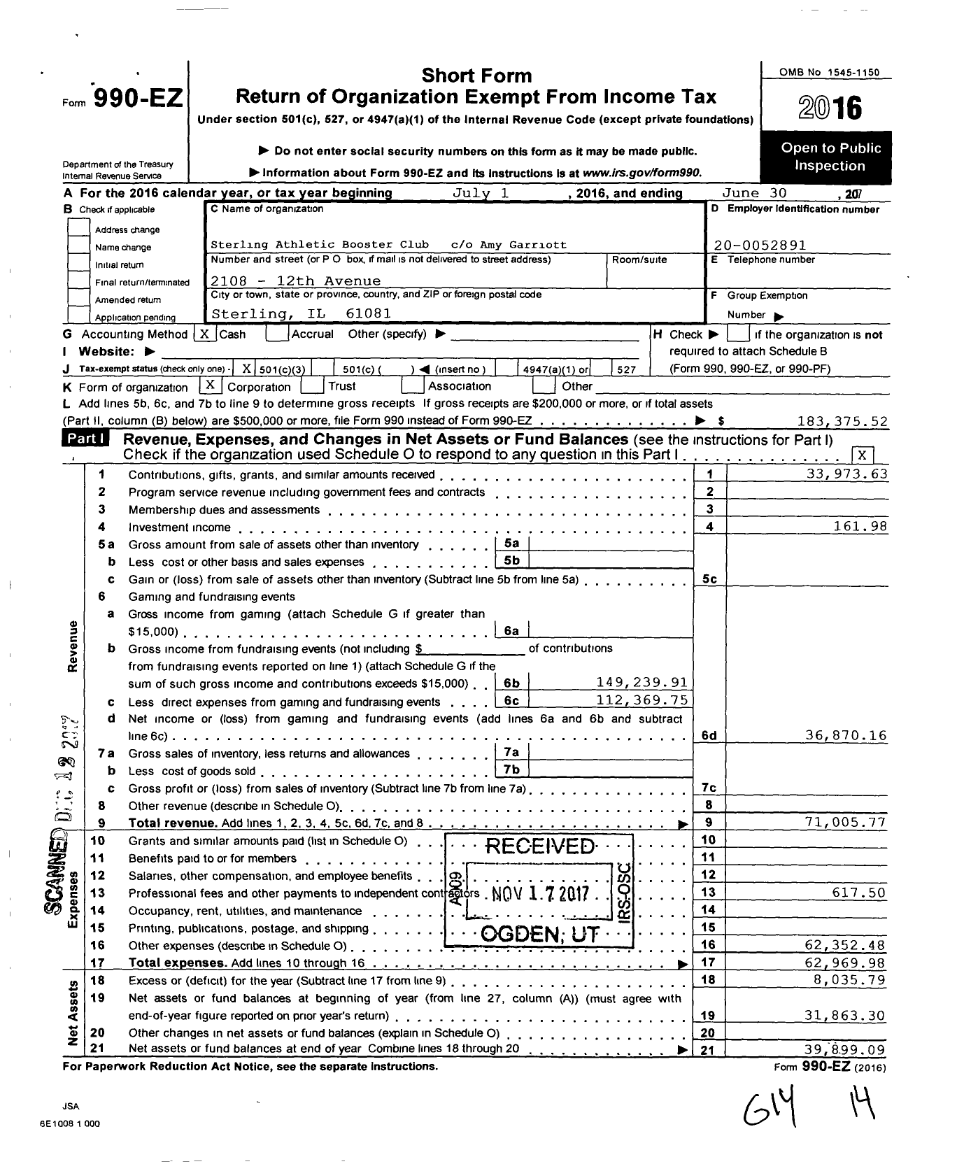 Image of first page of 2016 Form 990EZ for Sterling Athletic Booster Club Debra Vos