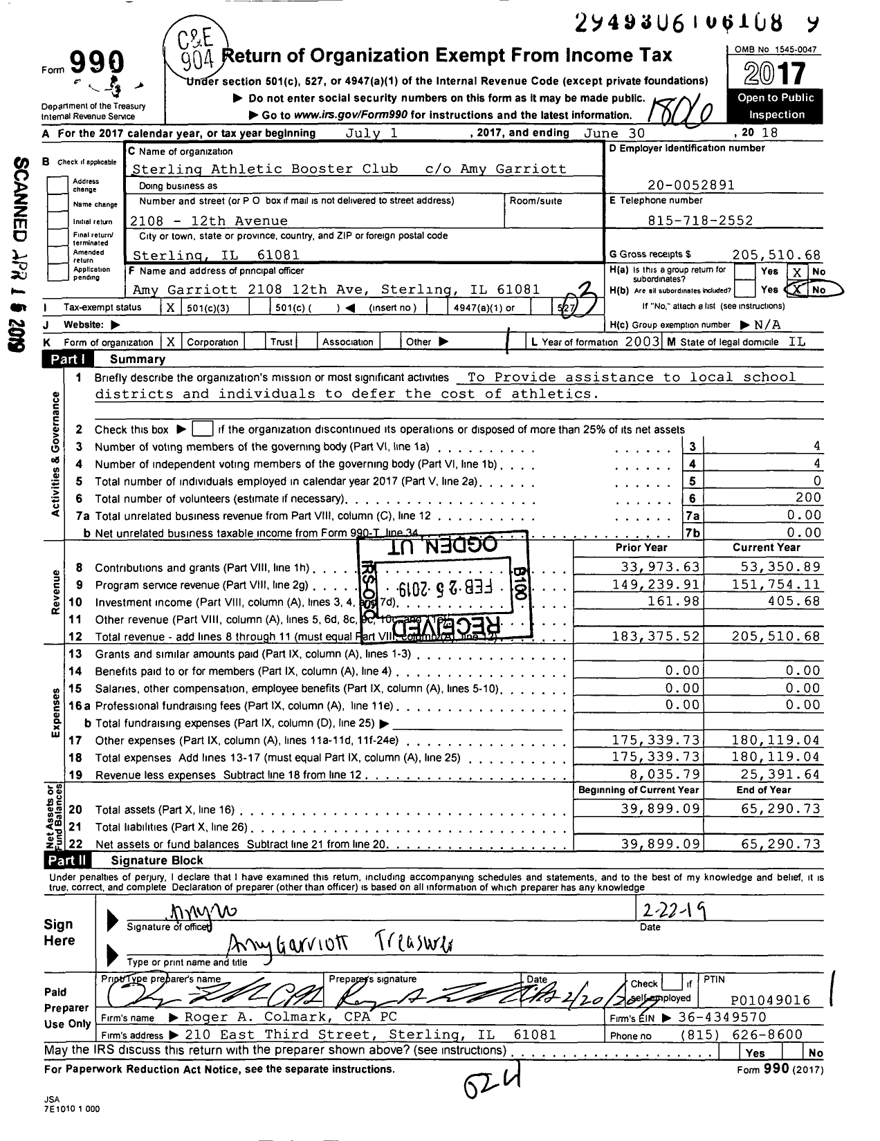 Image of first page of 2017 Form 990 for Sterling Athletic Booster Club Debra Vos