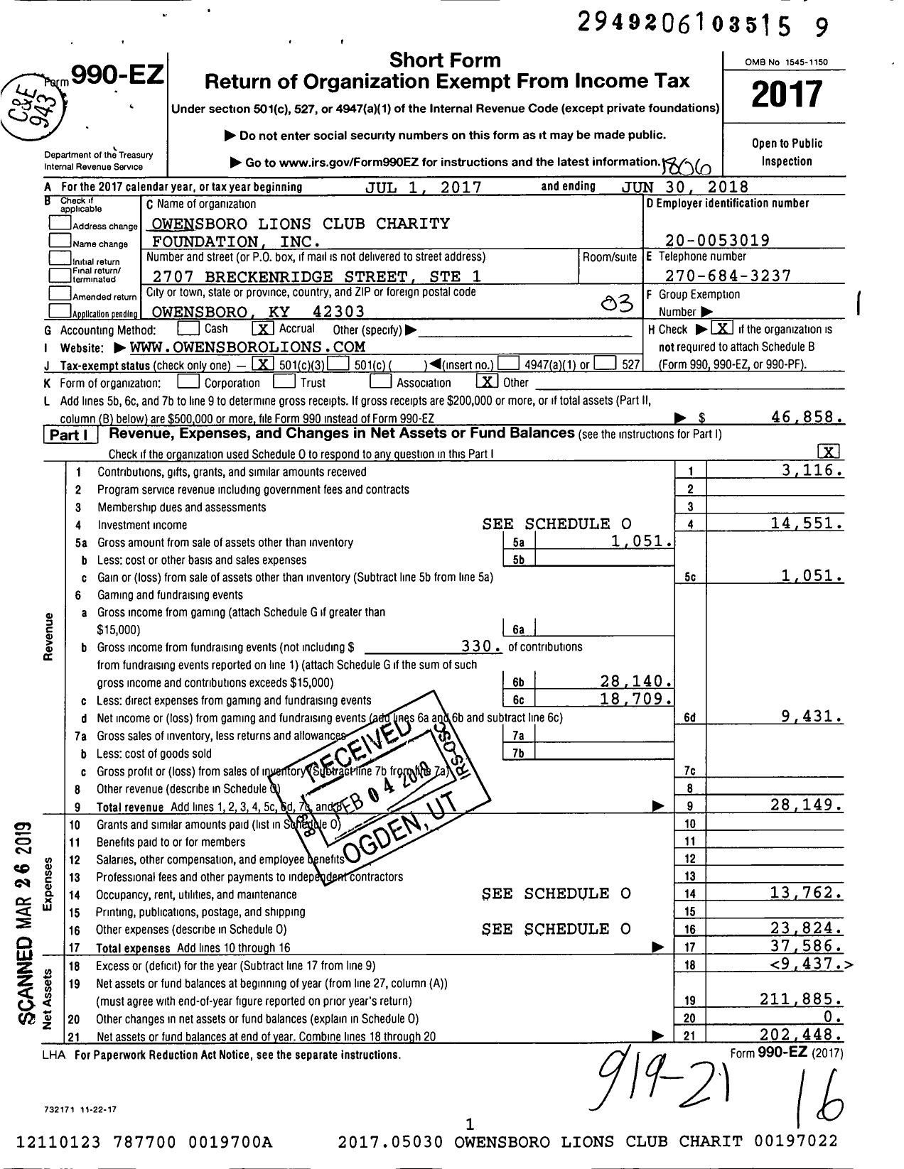 Image of first page of 2017 Form 990EZ for Owensboro Lions Club Charity Foundation