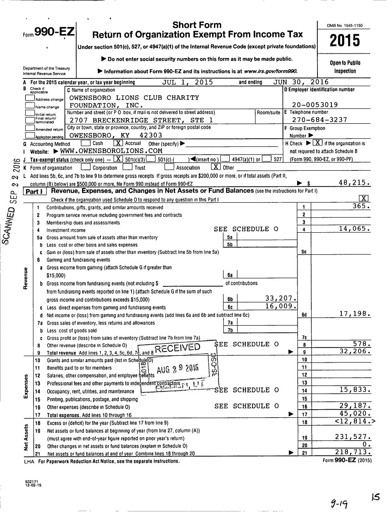 Image of first page of 2015 Form 990EZ for Owensboro Lions Club Charity Foundation